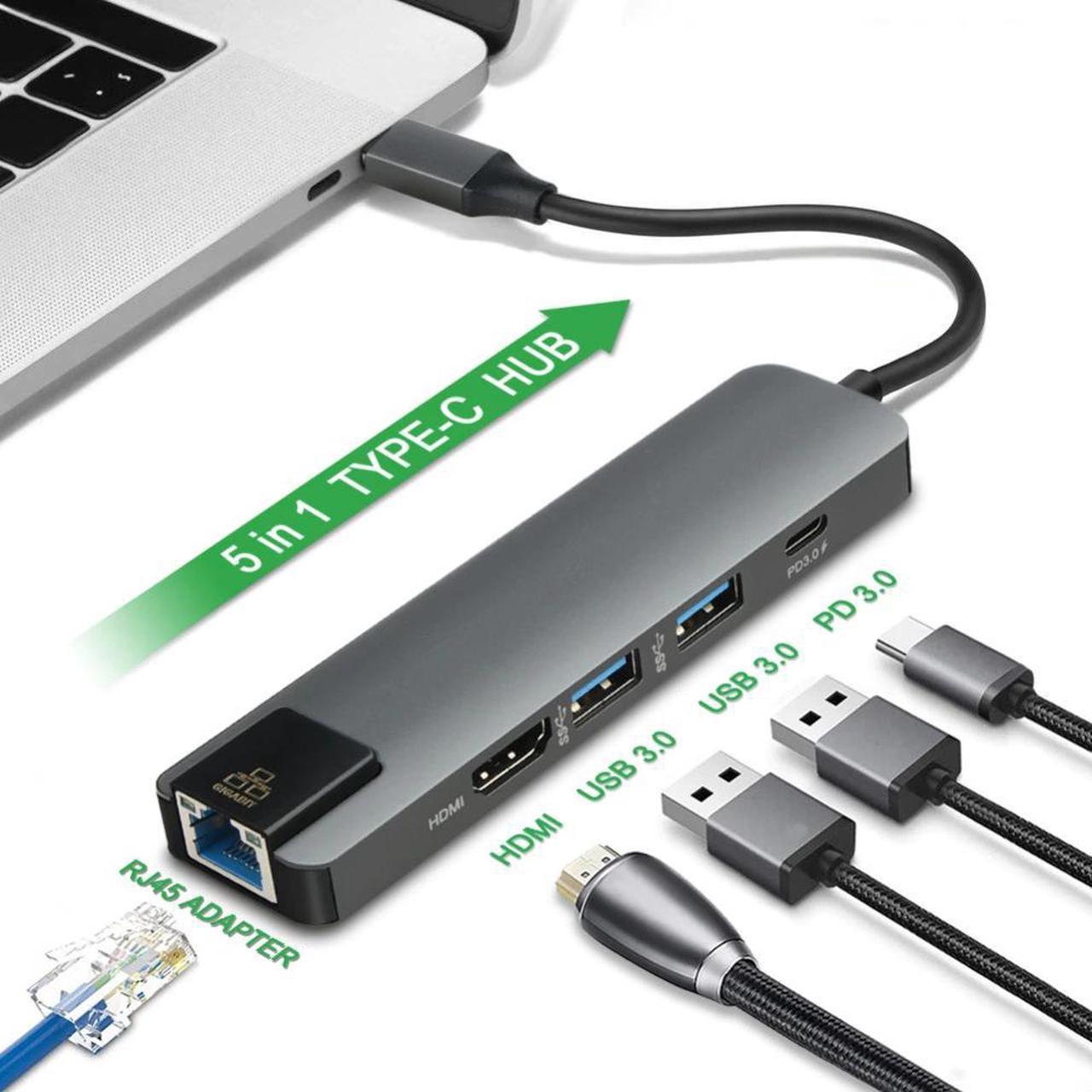 5 in 1 Type C Hub Hdmi 4K USB C Hub to Gigat Ethernet Rj45 Lan Adapter for Mac book Pro Thunderbolt 3.0 USB-C