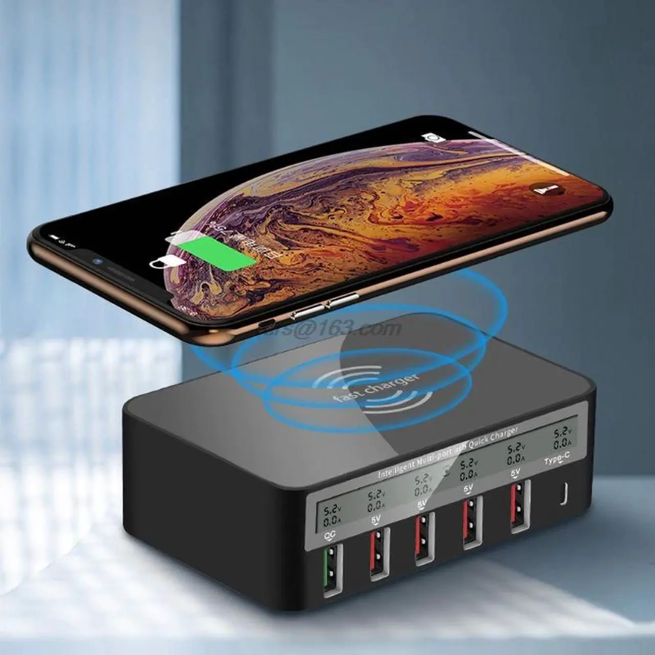Main image of 7-in-1 Type C Qi Wireless Charger 5x USB QC 3.0 Fast Charge With LCD Voltage Current Display For iphone Samsung Mobile