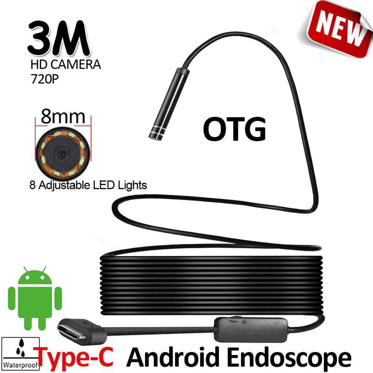 8LED 8mm HD720P 3M USB Type-C Android Endoscope Camera Flexible Snake Hard Wire/Cable USB TypeC Pipe Inspection Camera Borescope