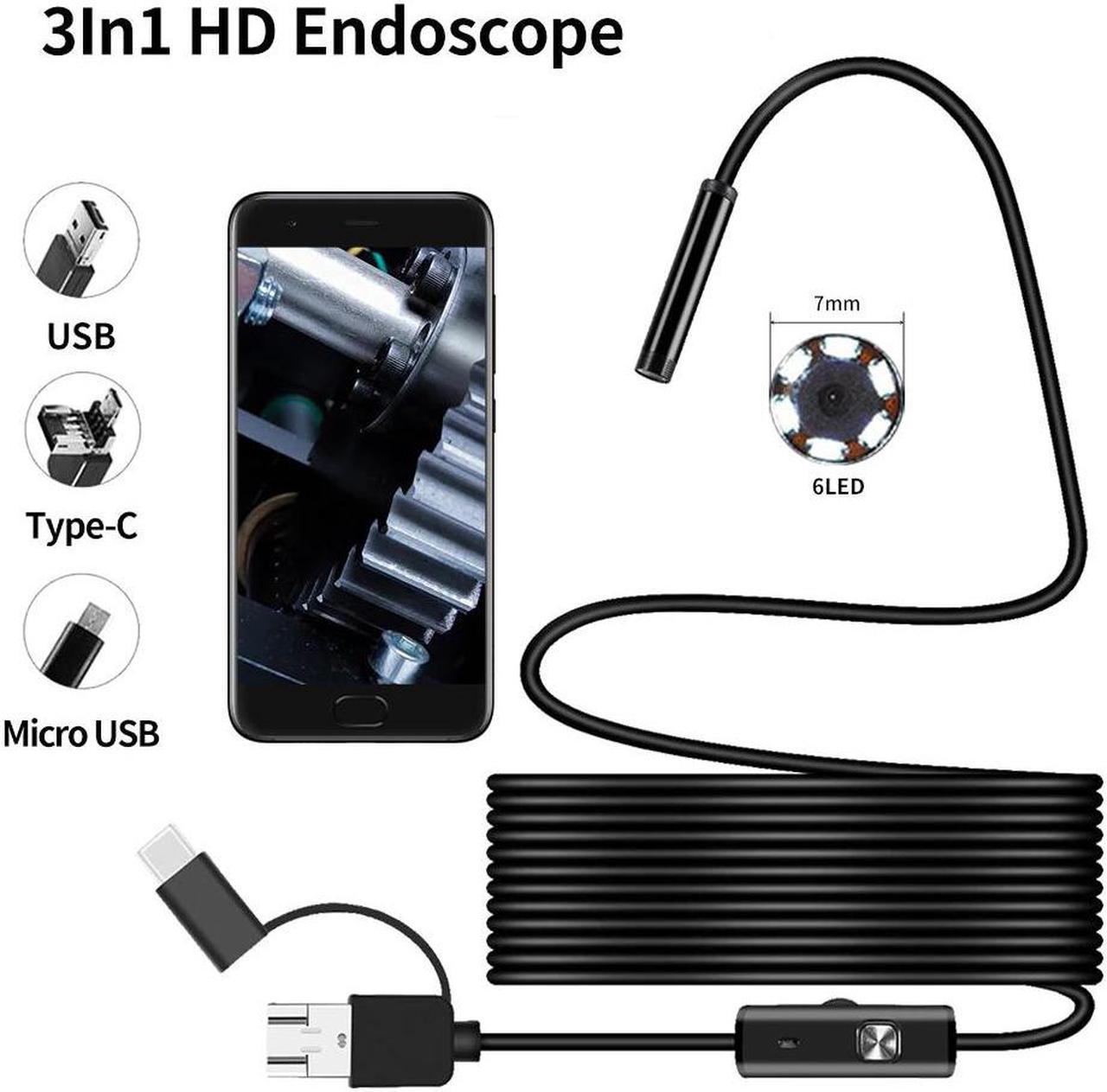 7MM Android Endoscope 3 in 1 USB/Micro USB/Type-C Borescope Inspection Camera Waterproof for Smartphone with OTG and UVC PC