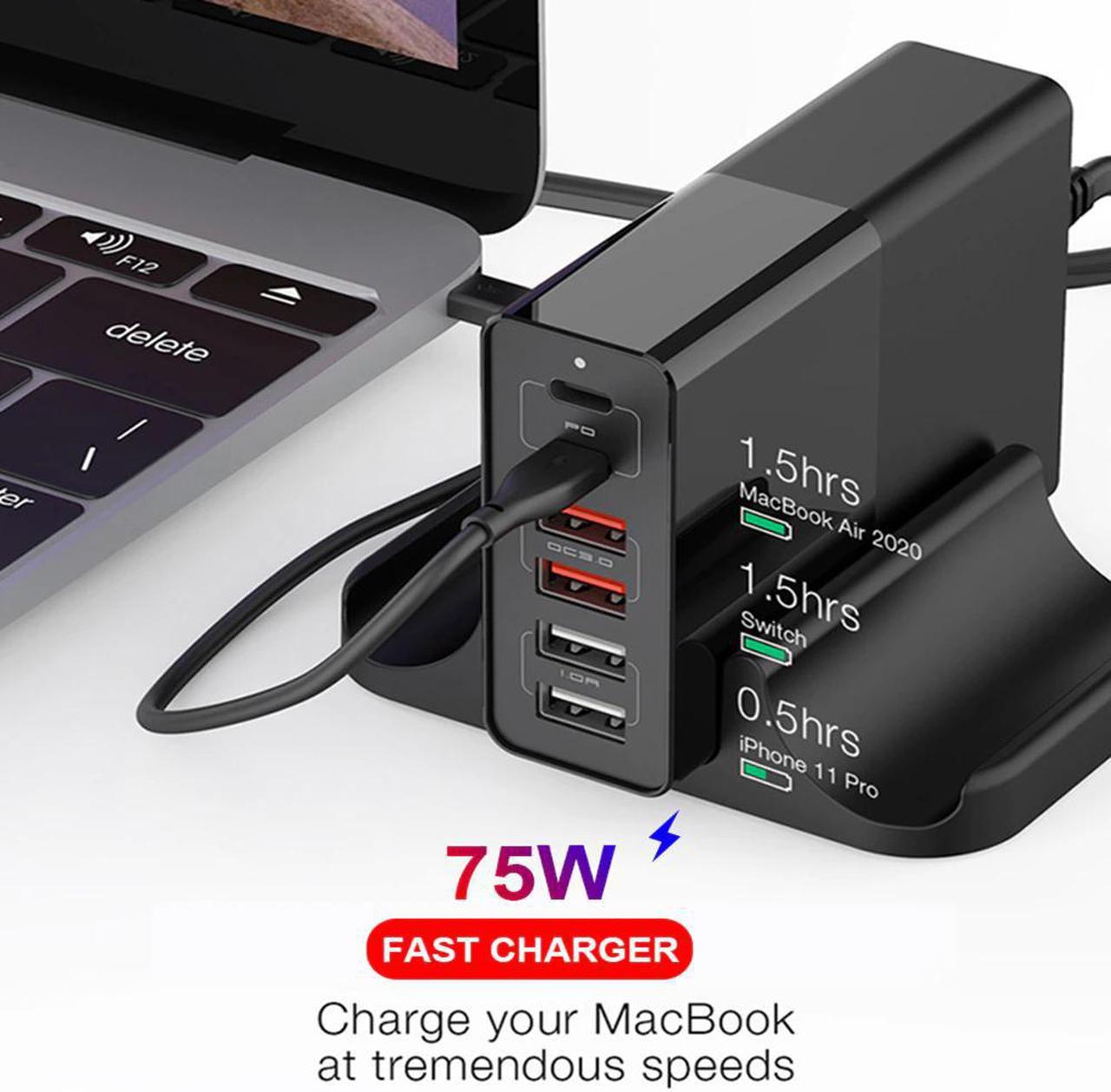 75w PD QC3.0 Dual Protocol Fast Charge 4/5/6 Port Multi USB Quick Charger For iPhone Tablet Multi-Function Smart Desktop Adapter