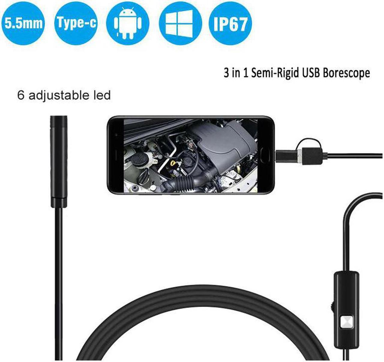 3 in 1 Semi-Rigid Android Endoscope Camera 5.5mm Inspection Camera IP67 Waterproof Snake Camera With 6 LEDs For Type C, USB PC