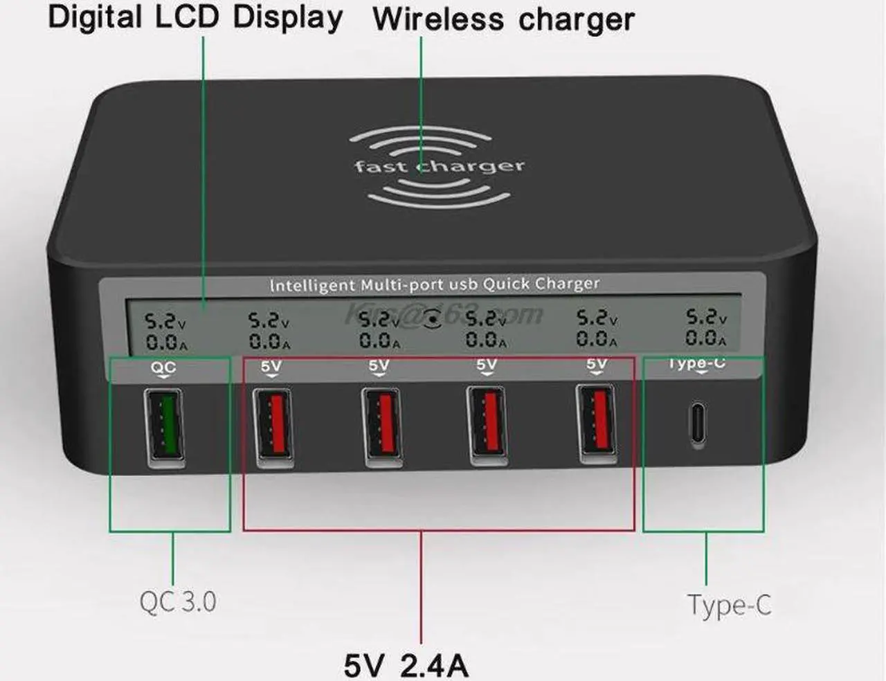 Alt view image 3 of 5 - 7-in-1 Type C Qi Wireless Charger 5x USB QC 3.0 Fast Charge With LCD Voltage Current Display For iphone Samsung Mobile
