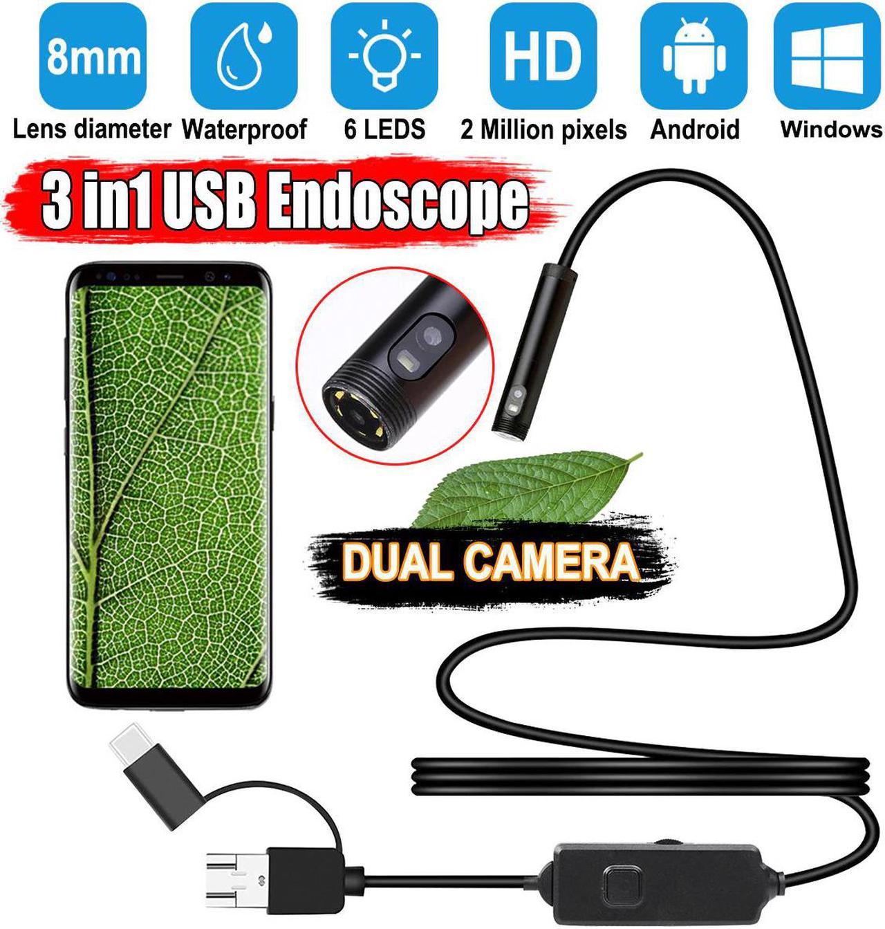 1m/2m/3m/5m 3 IN 1 USB Dual Endoscope Camera HD Hard Cable Inspection Camera 8mm 6 LED Borescope for Android PC Endoscope