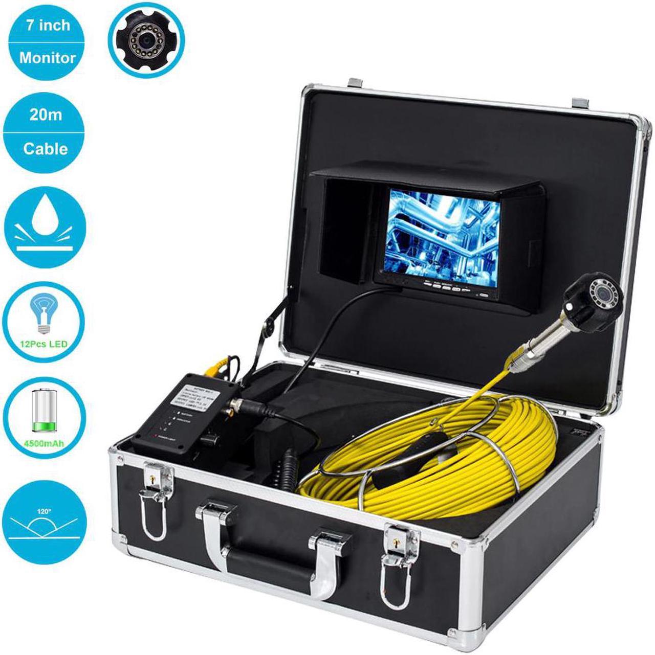 7" LCD Monitor 20M Fiberglass Cable 12Pcs White Led Lights Drain Pipe Inspection Camera System Equipment With 23MM Camera Head