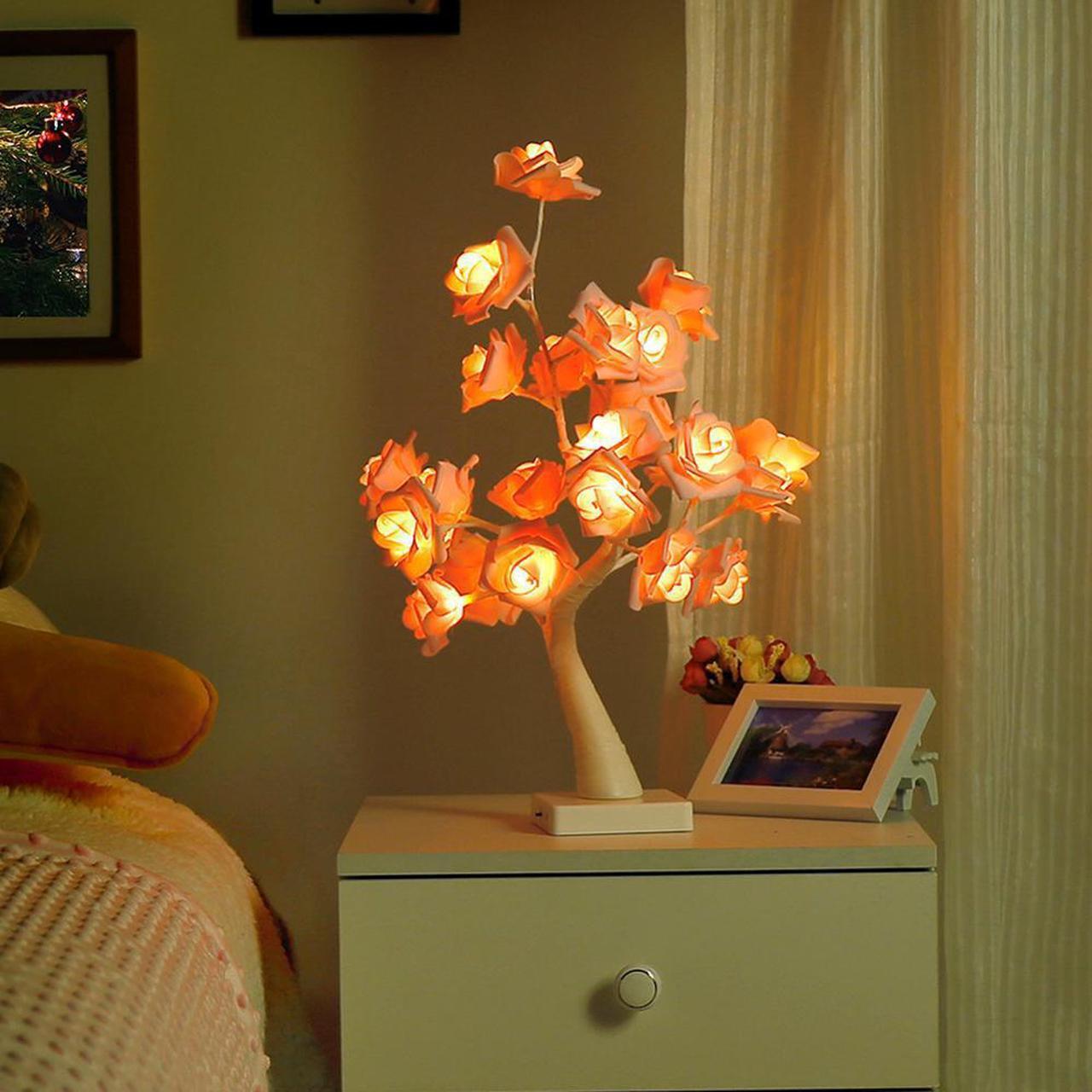 Alt view image 4 of 5 - White Pink Rose Flower Bedside Bedroom Night Light Table Lamp Home Decor Simulation Tree Christmas Wedding Party Desk Lamp