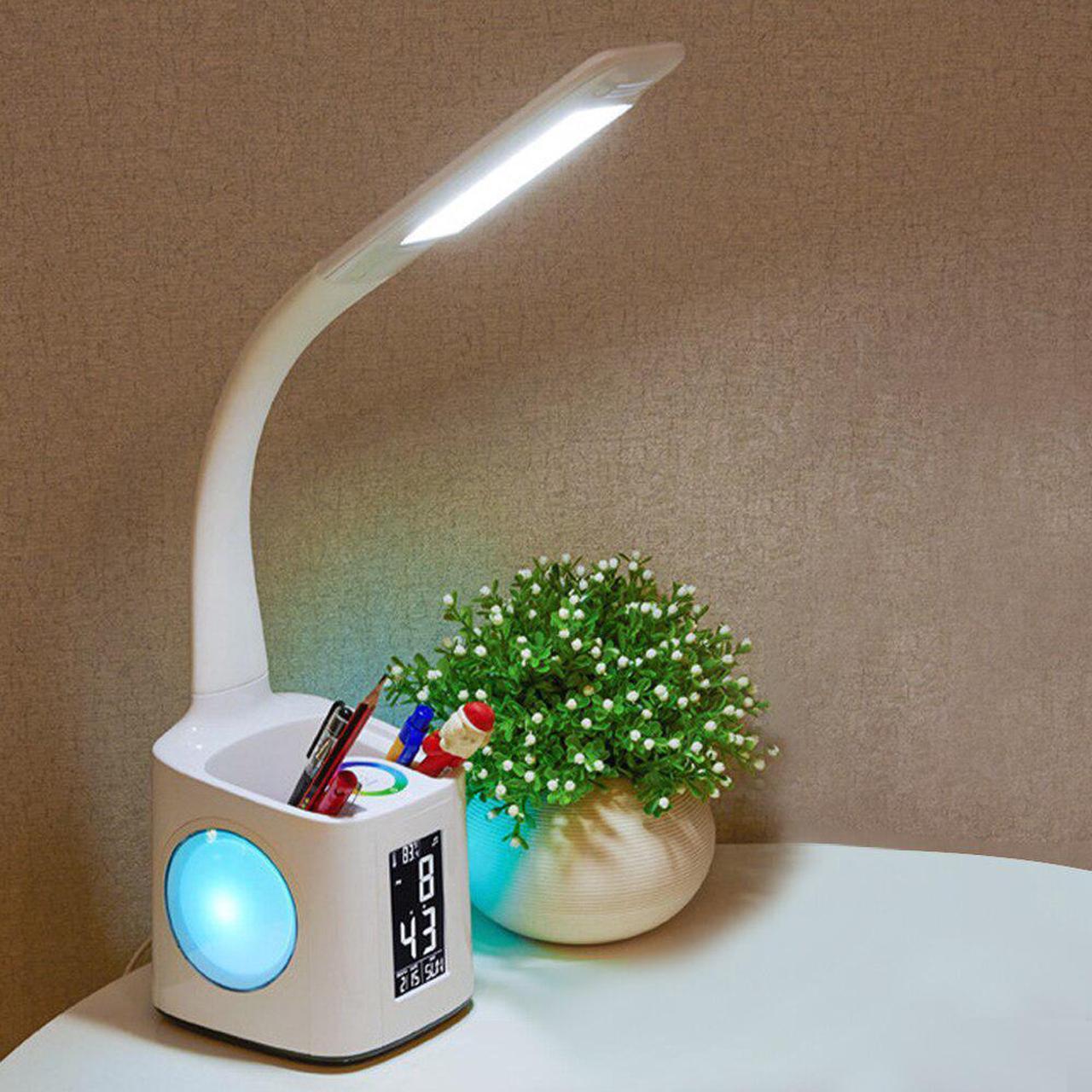 Desk Lamp With USB Charging Port Night Lamp Alarm Clock Thermometer Calendar 3-Level Dimmer Table Lamp With Pen Holder