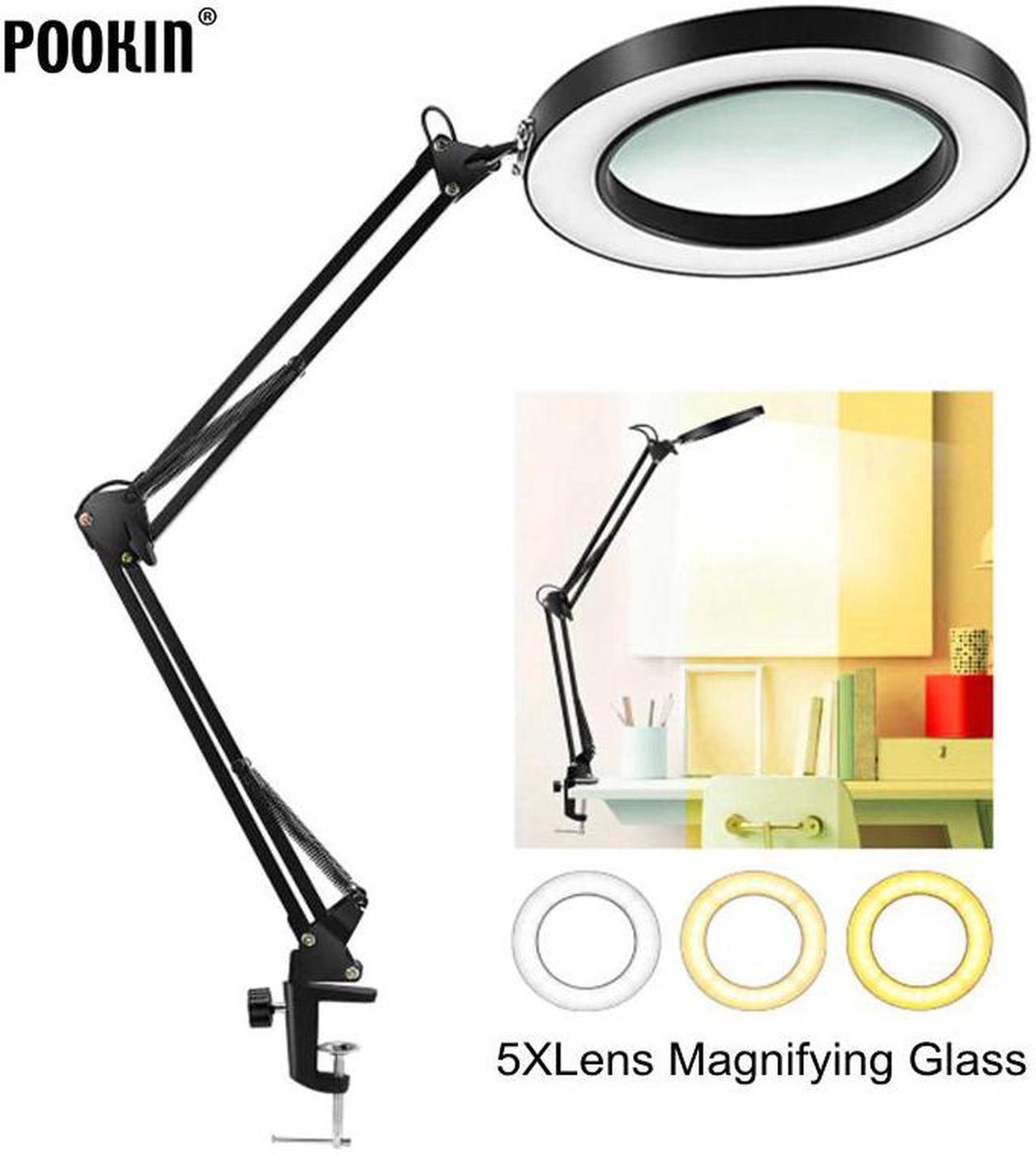 Desk Lamp Clip on Light  5Xlens Magnifying Glass Clamp Long Arm Dimming Table Lamp 3 Colors For Reading Tattoo and Computers