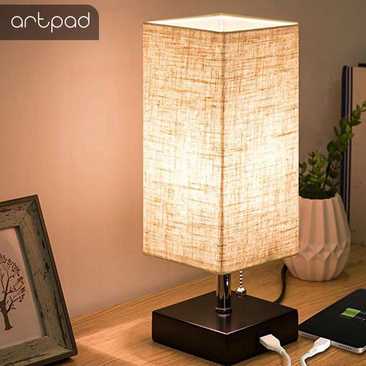 Modern Design Bedside Table Lamps with USB Charging Port Wood Base Fabric Square Nightstand Table Light Bedroom Study Lighting