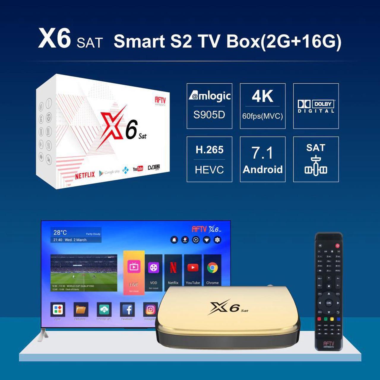 AFTV X6 Sat Amlogic S905D 2G 16G 4K 2.4G Wifi Android TV Box DVB-S2 Hybrid Smart Box  TV  V OD