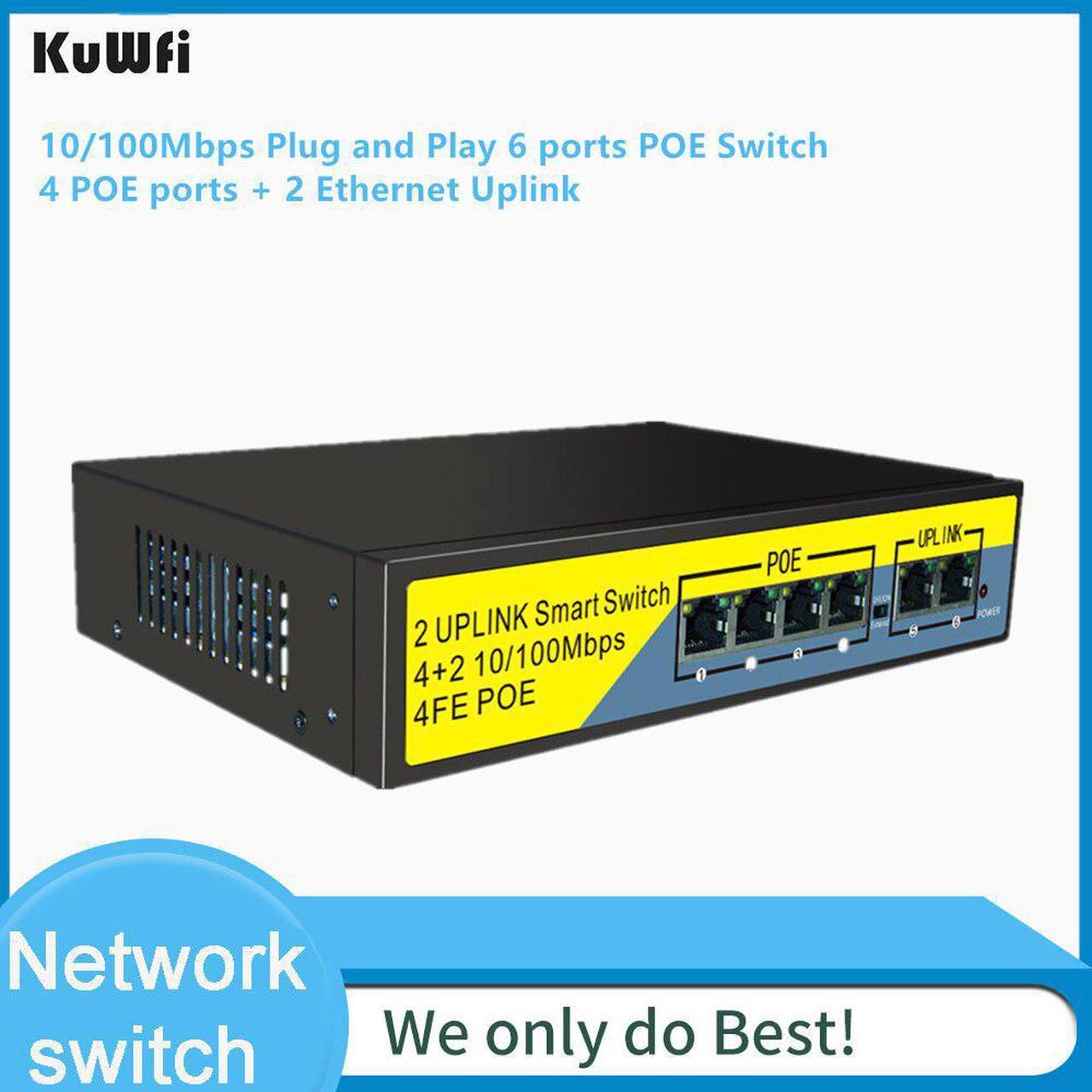 6 port /4 Port PoE Switch, 2 Port Uplink Power Over Ethernet 802.3af/at 78W, Unmanaged Metal Smart Network Switch