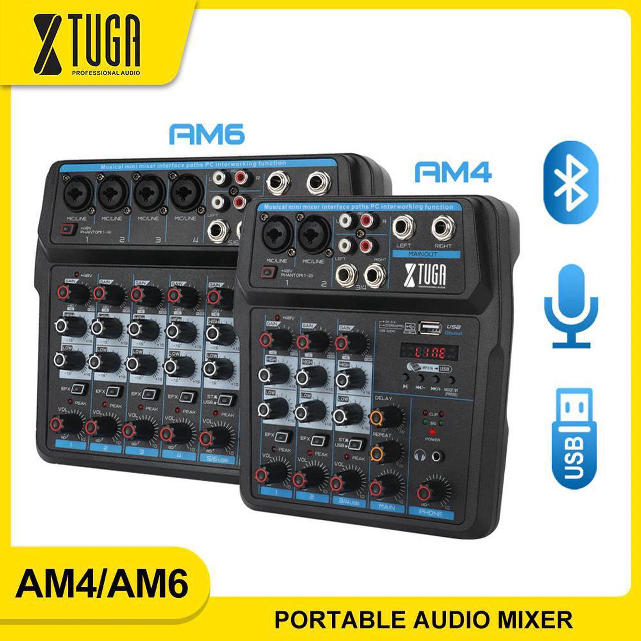 AM4/AM6 Protable Audio Mixer with Sound Card,Bluetooth,USB, 48V Phantom Power for PC/Recording/ Live Show/ Party