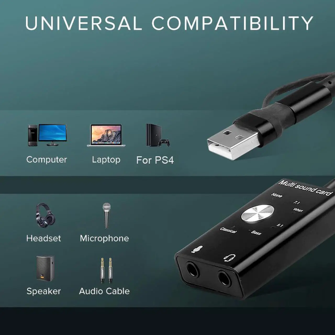 Alt view image 4 of 5 - Portable 5.1 / 7.1 USB External Sound Card Type-C to 3.5mm Jack Microphone Earphone 3D Audio For Windows Mac Linux