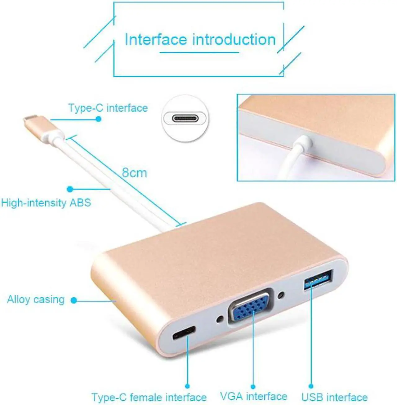 Alt view image 2 of 5 - Type C to Female VGA Adapter Cable USBC USB 3.1 to VGA Adapter for Macbook 12 inch Chromebook Pixel Lumia 950XL Usb C Hub