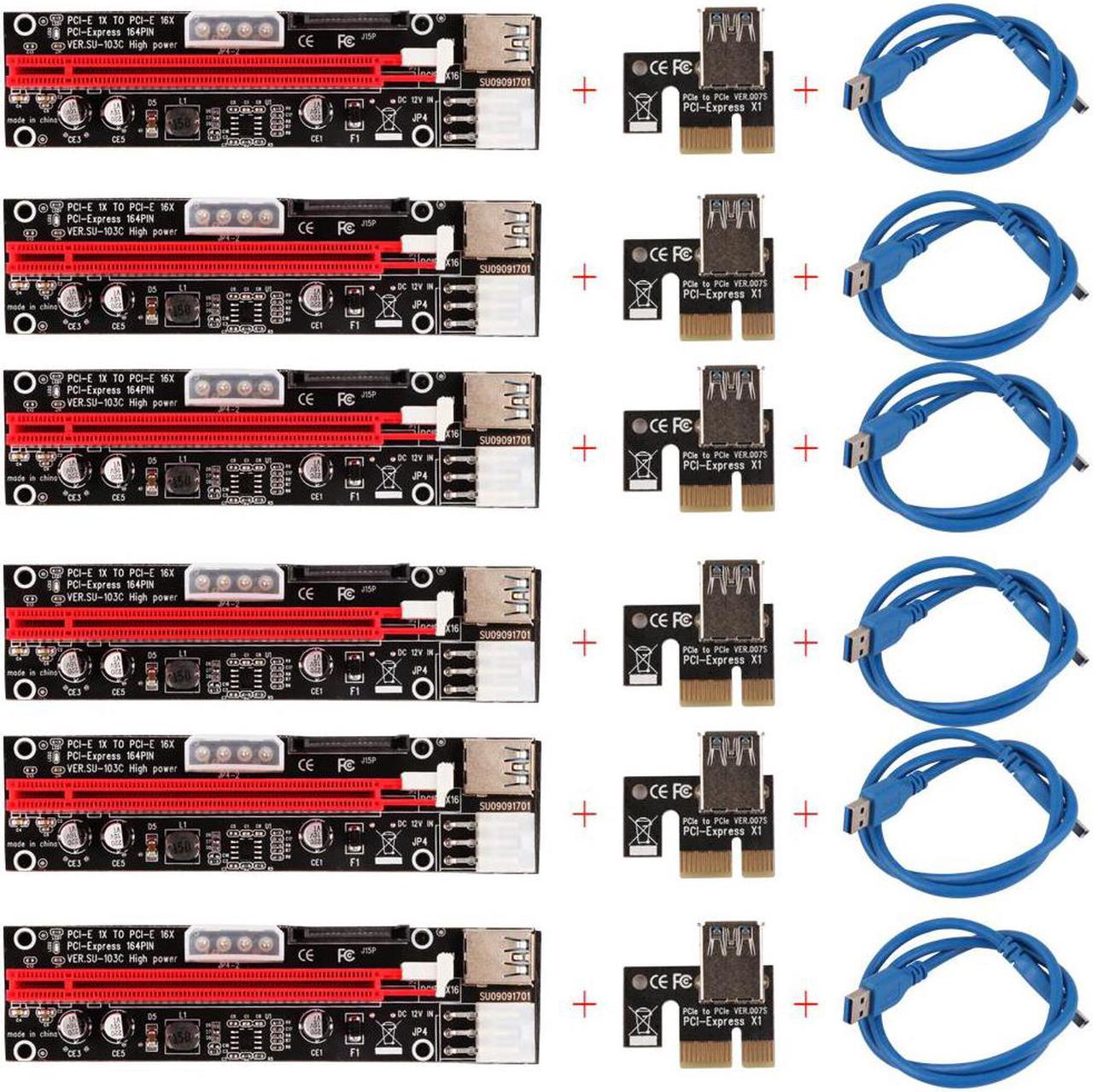 6PCS VER103C 3in1 Power PCI-E Riser Card LED 4pin 6pin Sata 15pin Express 1x to 16x 60CM Extension Cable for Bitcoin Miner