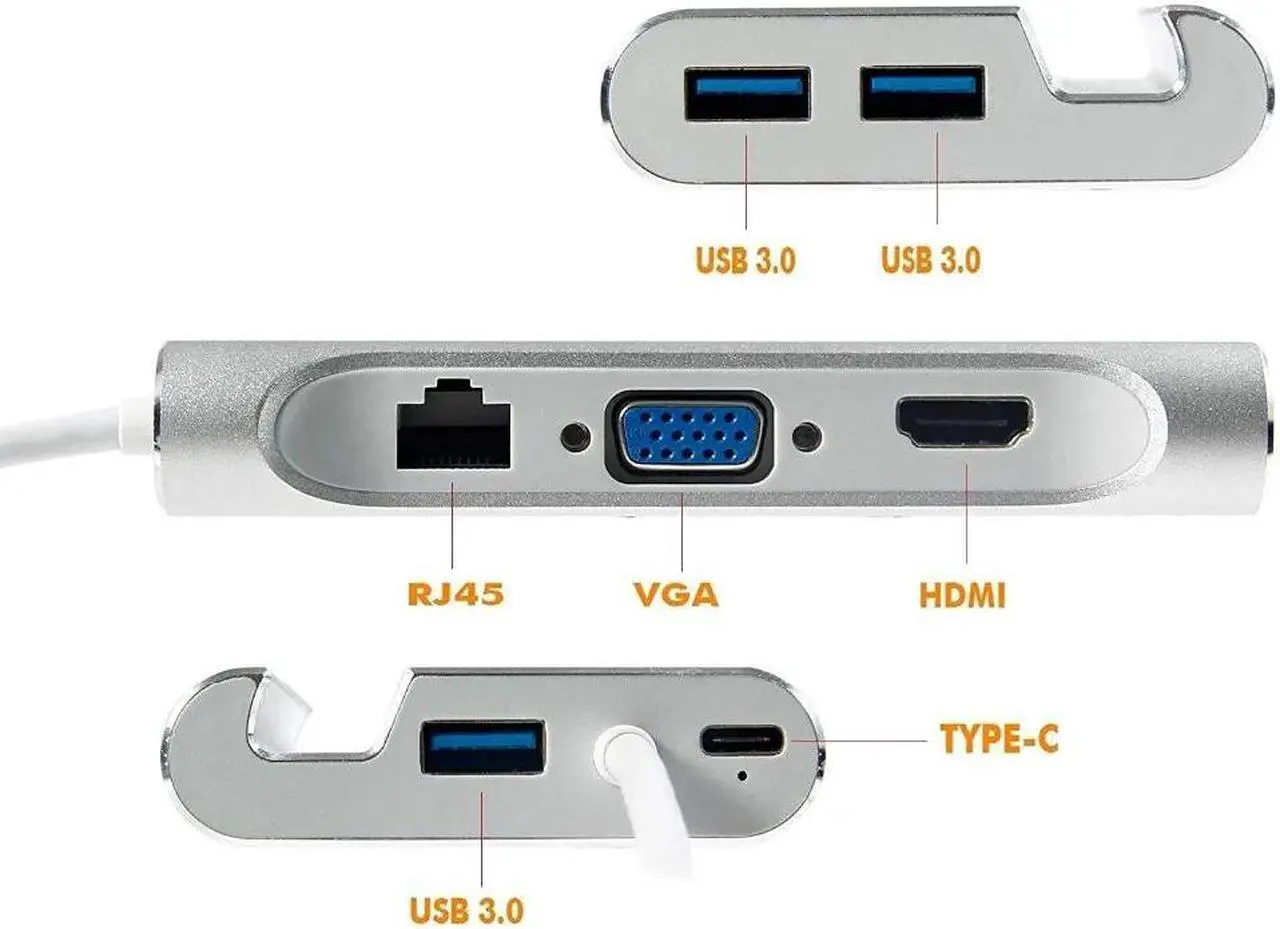 Alt view image 4 of 5 - 7 in 1 USB-C USB 3.1 Type C to 4K HDMI VGA Rj45 Gigabit Ethernet 3 USB 3.0 Port PD Charging Adapter Dock Holder Hub