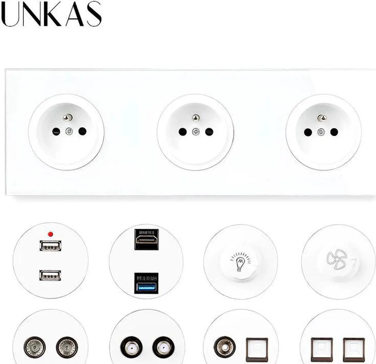 Main image of 3 Gang French Glass Panel + Dimmer Fan Regulator Switch Dual USB TV RJ11 Telephone RJ45 Internet + HDMI Port USB3.0 Jack