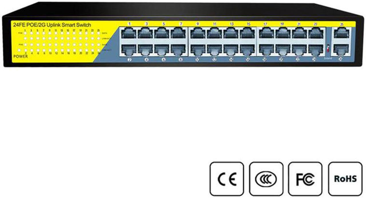 24Ports Gigabit Switch 1000Mbps POE Switch , Smart Desktop Network Power Over Ethernet InjectorExtend 250M ,2 Port Uplink 1 SFP