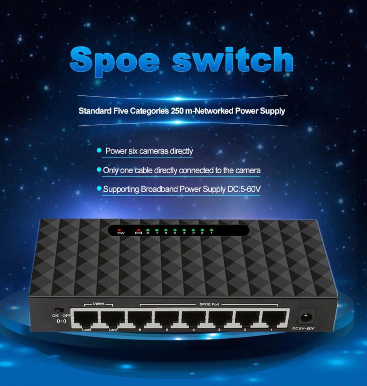 8 Port Spoe Switch 250M SPOE Power Over Ethernet Switch 90W Power Adapter for Network IP Cameras Or Wireless AP/ 6 PoE Splitter