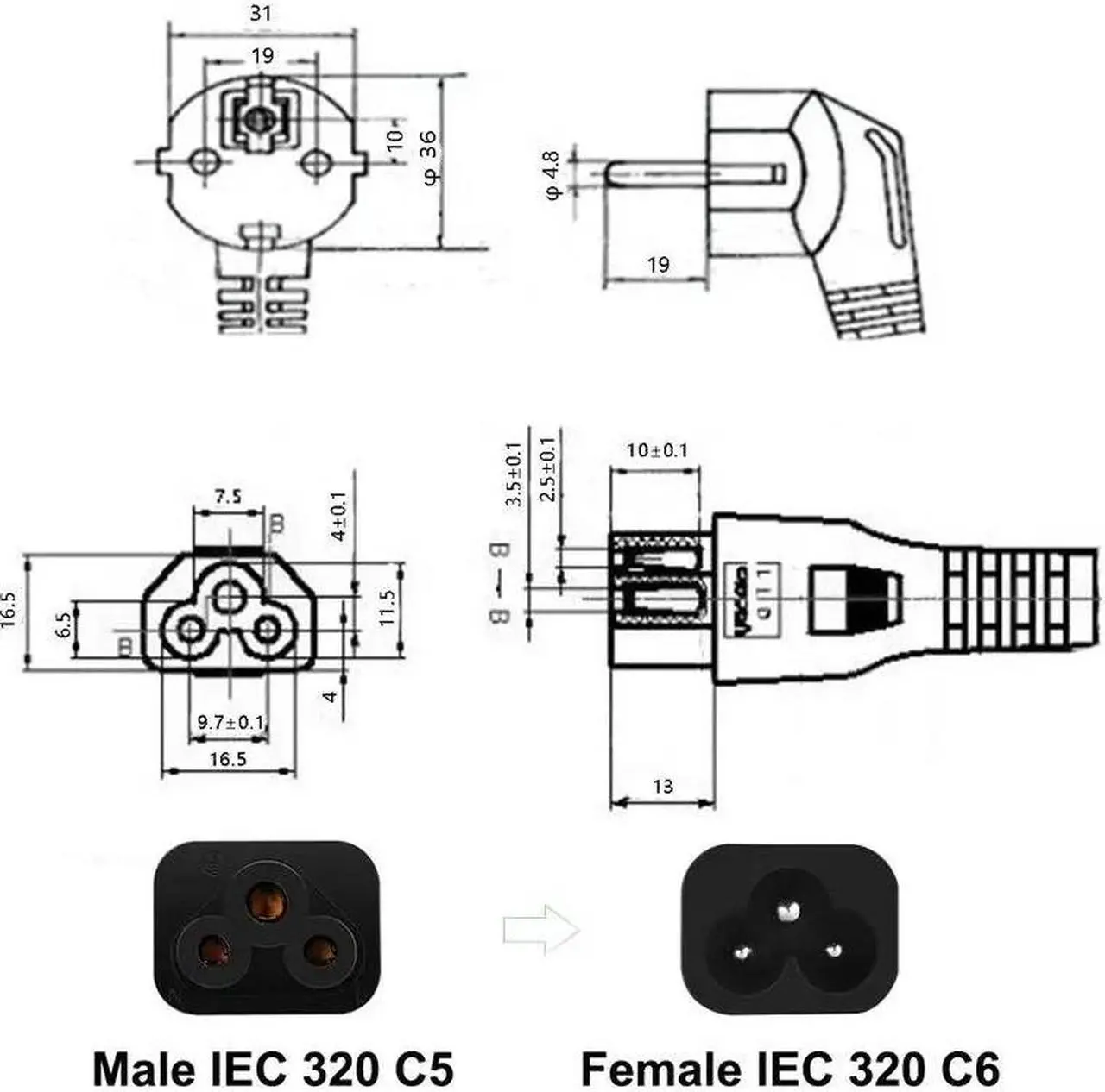 Alt view image 4 of 5 - Extension Cord IEC320 C5 Cable 2 Pin Power Cord Power Supply Cable 220V For PC Computer Printer    Adapter