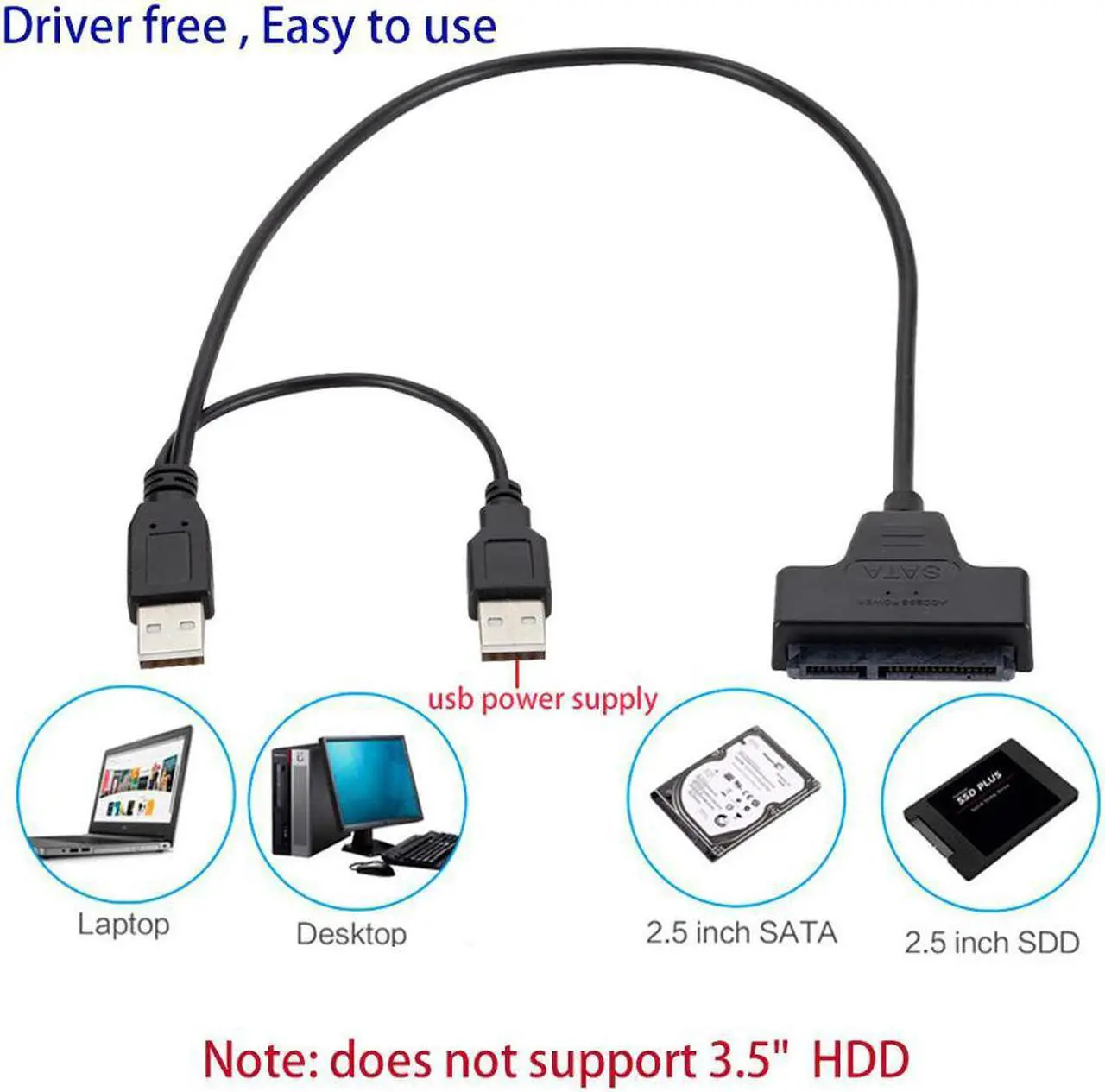 Alt view image 4 of 5 - Usb To Sata USB 2.0 To 2.5inch HDD 7+15pin SATA Hard Drive Cable Adapter for SATA SSD & HDD adapter usb2.0 power supply