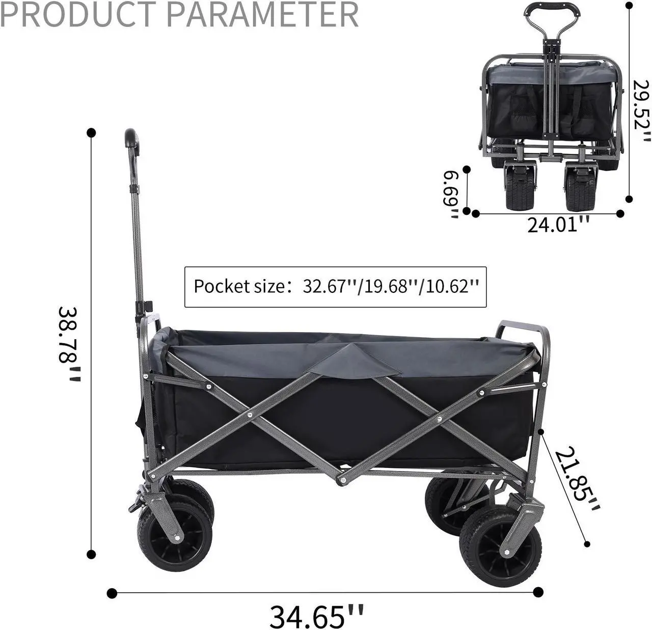 Alt view image 4 of 7 - Heavy Duty 350 Lbs Capacity Collapsible Wagon, Outdoor Folding Camping Wagons, Grocery Portable Utility Cart, Adjustable Rolling Carts, All Terrain Sports Wagon with Big Wheels, Beach Wagon