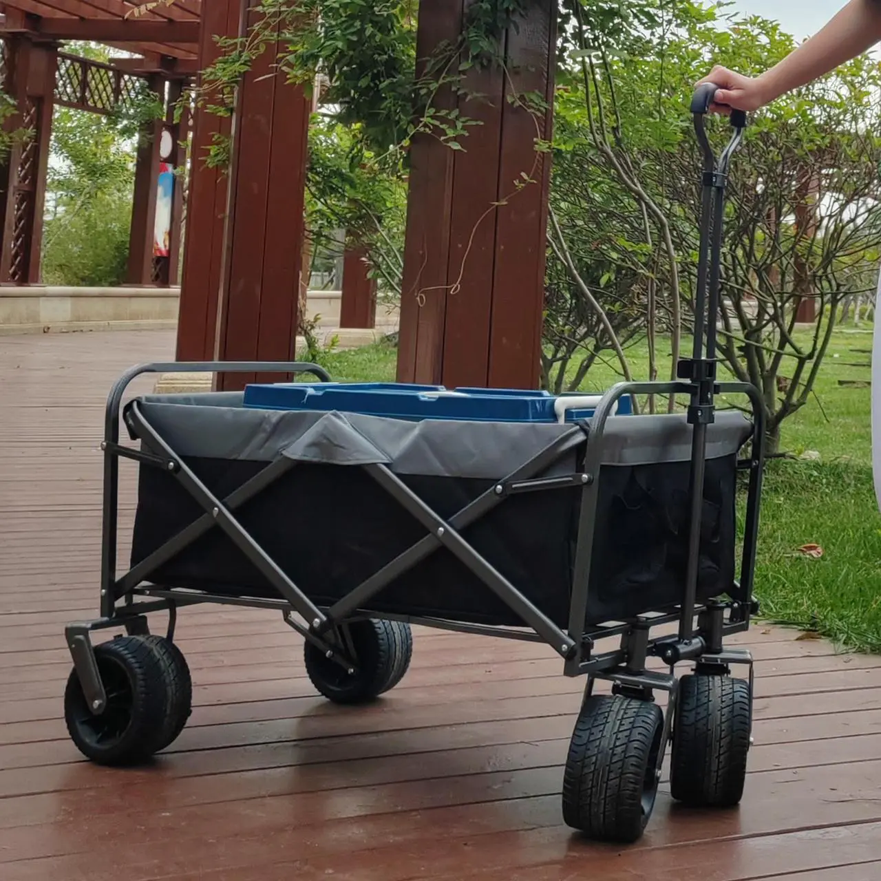 Alt view image 3 of 7 - Heavy Duty 350 Lbs Capacity Collapsible Wagon, Outdoor Folding Camping Wagons, Grocery Portable Utility Cart, Adjustable Rolling Carts, All Terrain Sports Wagon with Big Wheels, Beach Wagon