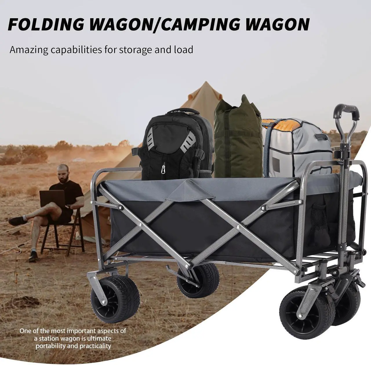 Alt view image 7 of 7 - Heavy Duty 350 Lbs Capacity Collapsible Wagon, Outdoor Folding Camping Wagons, Grocery Portable Utility Cart, Adjustable Rolling Carts, All Terrain Sports Wagon with Big Wheels, Beach Wagon