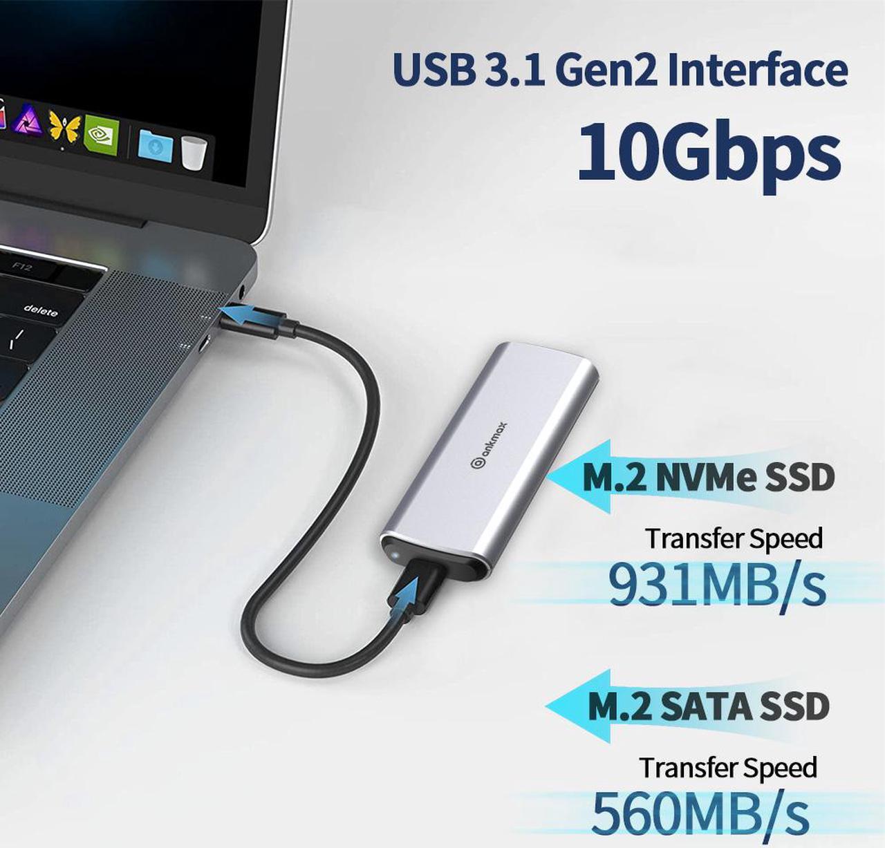 Alt view image 2 of 8 - M.2 NVMe+SATA SSD Enclosure Adapter, USB C 3.1 Gen 2 10Gbps NVMe PCIe/SATA (NGFF) M-Key(B+M Key), ANKMAX UC312M2 Support UASP Trim for SSD, Tool-Free Aluminum Solid State Drive External Enclosure
