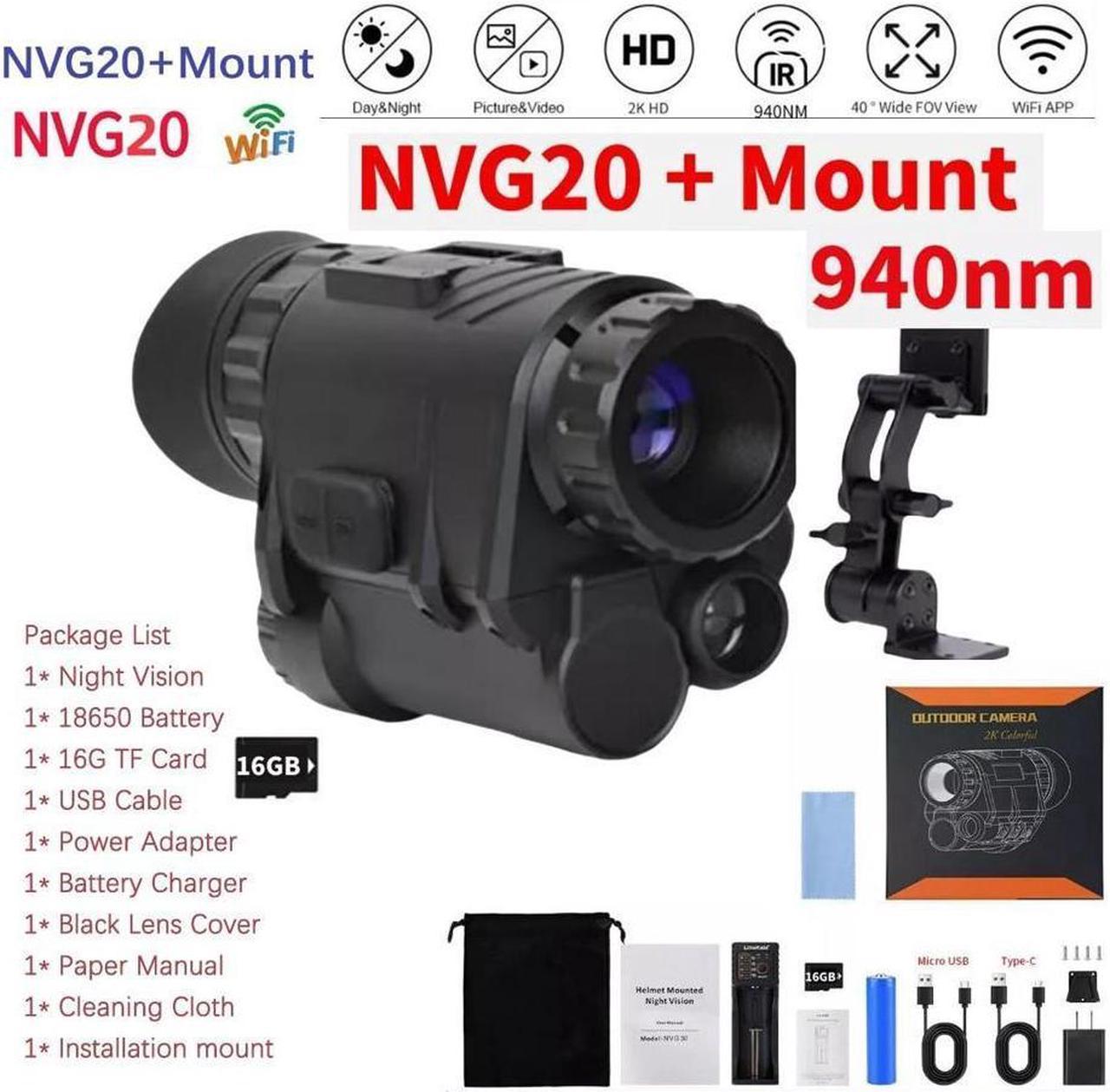 NVG20+Mount Night Vision Monocular Wide View 40° 940nm IR WIFI Digital Starligh With 16GB