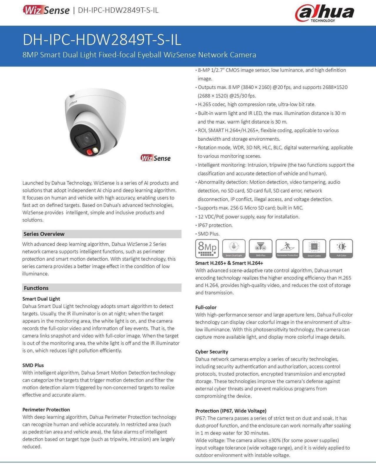 Alt view image 4 of 6 - Dah,ua IPC-HDW2849T-S-IL 8MP WizSense ColorVu+IR AI Eyeball IP Camera MIC SD Card 3.6mm