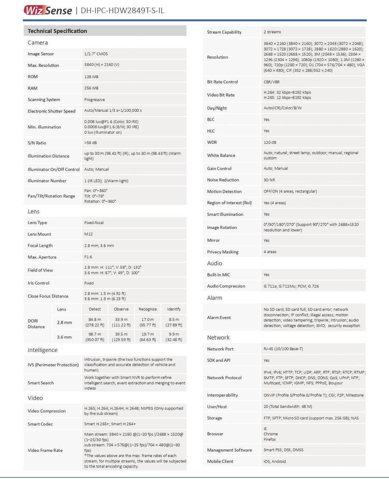Alt view image 5 of 6 - Dah,ua IPC-HDW2849T-S-IL 8MP WizSense ColorVu+IR AI Eyeball IP Camera MIC SD Card 3.6mm