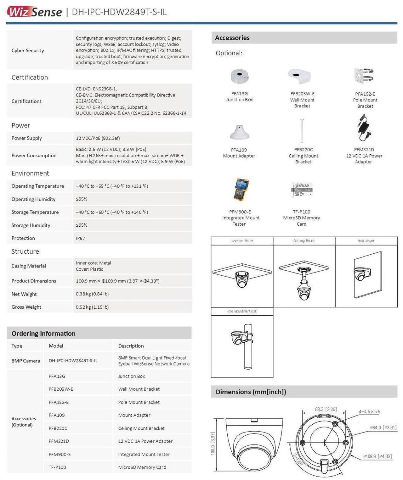 Alt view image 6 of 6 - Dah,ua IPC-HDW2849T-S-IL 8MP WizSense ColorVu+IR AI Eyeball IP Camera MIC SD Card 3.6mm
