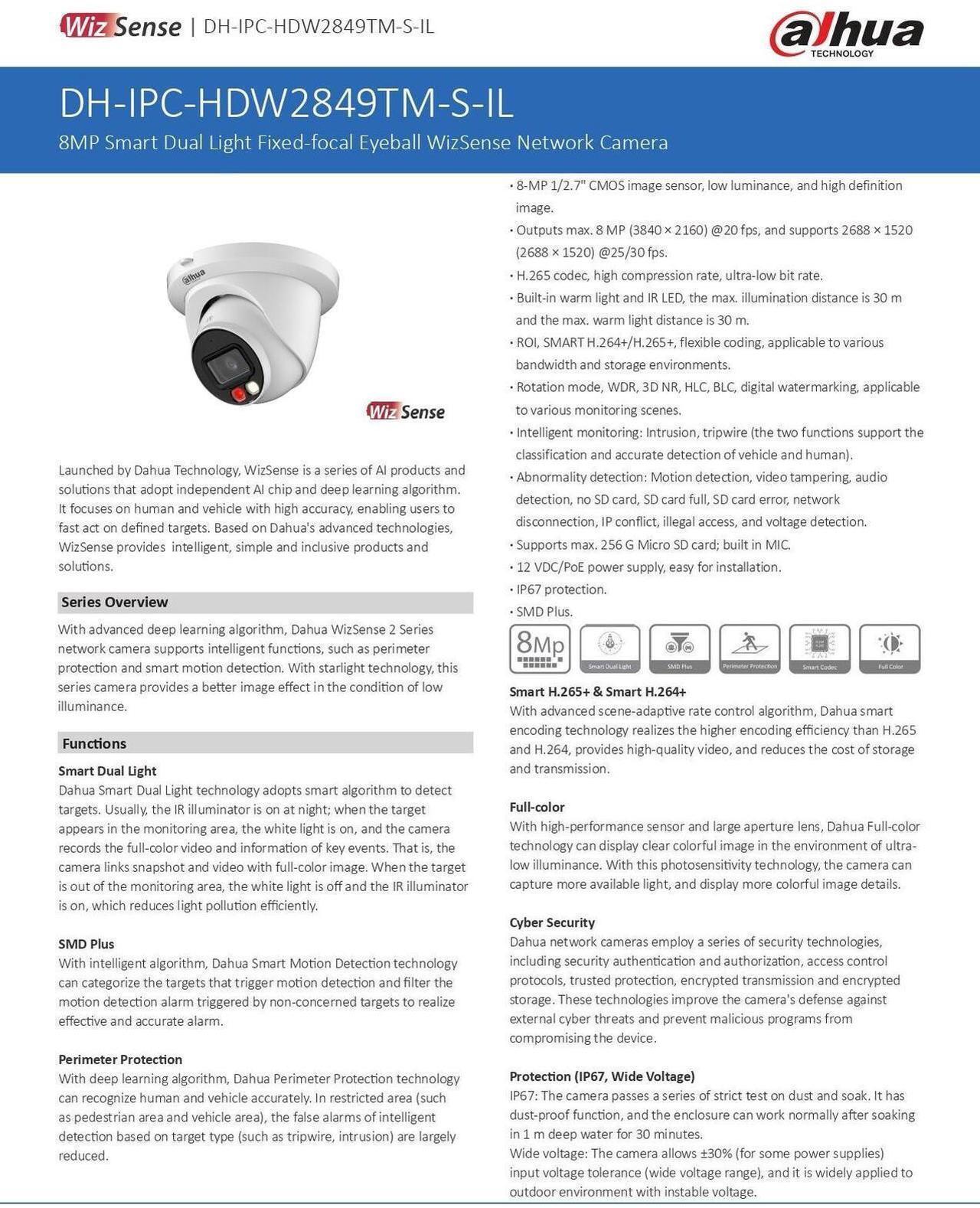 Alt view image 5 of 7 - DAH,UA 8MP IPC-HDW2849TM-S-IL Full Color MIC Smart Dual Light WizSense IP Camera