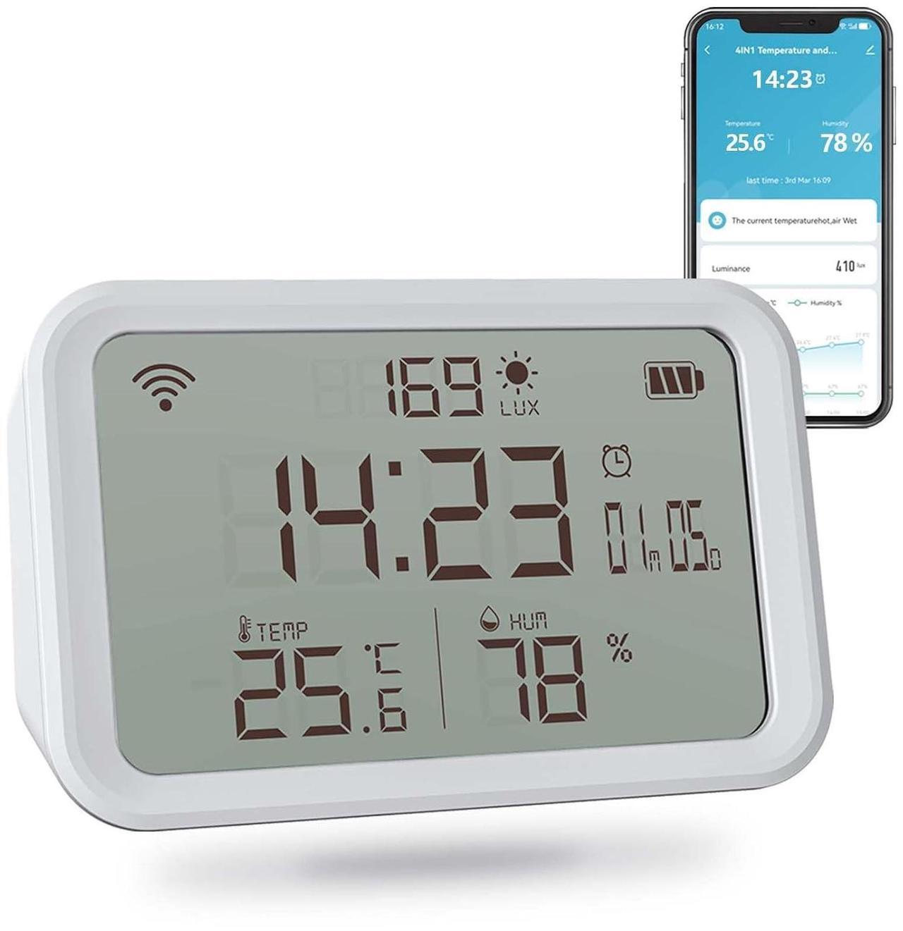Main image of WiFi Thermometer Hygrometer, Smart Indoor Bluetooth Temperature Humidity Sensor with App Alerts, Temperature Humidity Time & Light Monitoring 4-in-1 Perfect for Greenhouse Home RV Wine Cellar