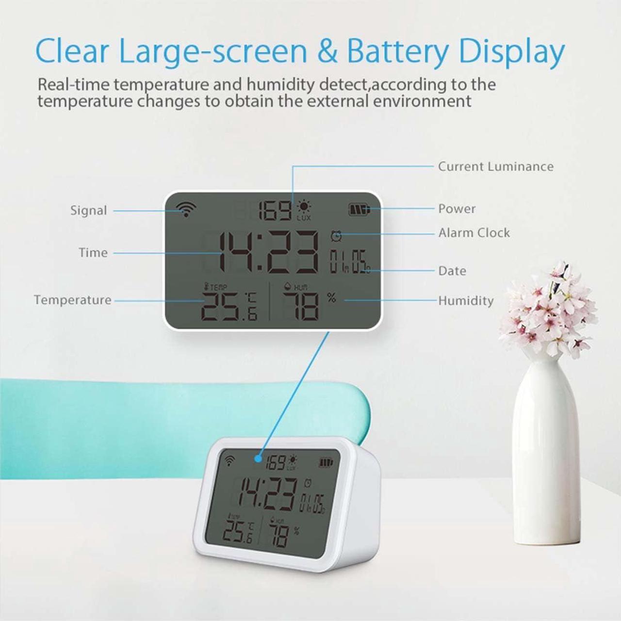 Alt view image 2 of 7 - WiFi Thermometer Hygrometer, Smart Indoor Bluetooth Temperature Humidity Sensor with App Alerts, Temperature Humidity Time & Light Monitoring 4-in-1 Perfect for Greenhouse Home RV Wine Cellar