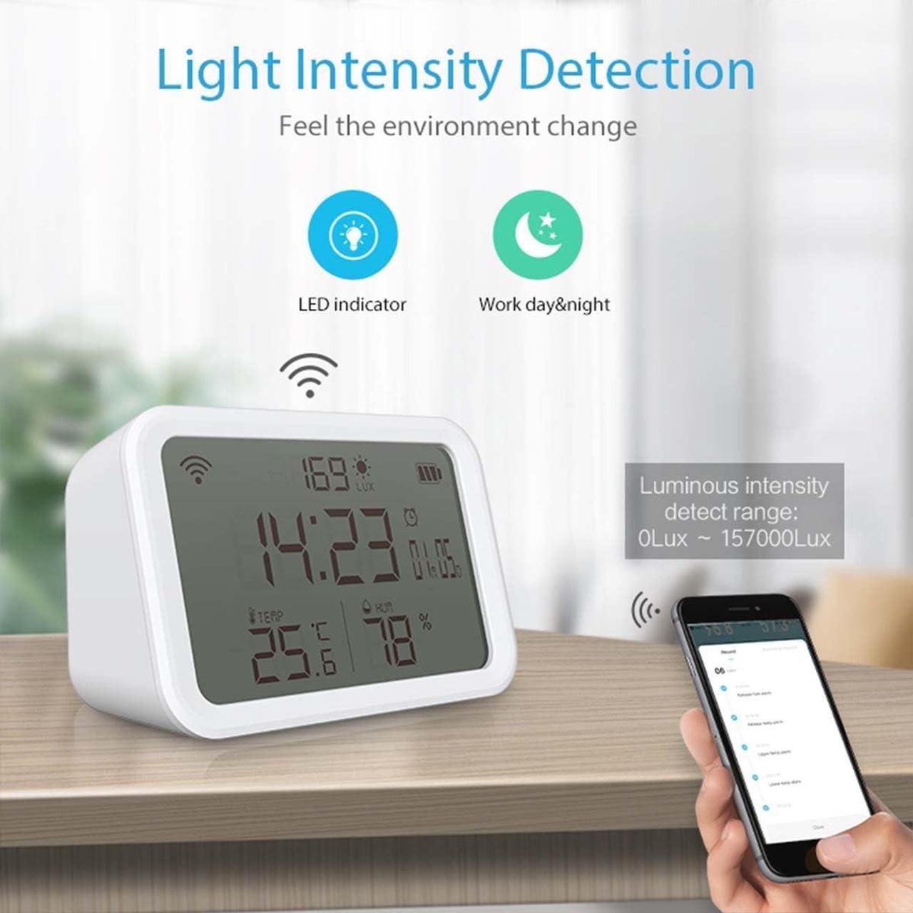 Alt view image 4 of 7 - WiFi Thermometer Hygrometer, Smart Indoor Bluetooth Temperature Humidity Sensor with App Alerts, Temperature Humidity Time & Light Monitoring 4-in-1 Perfect for Greenhouse Home RV Wine Cellar