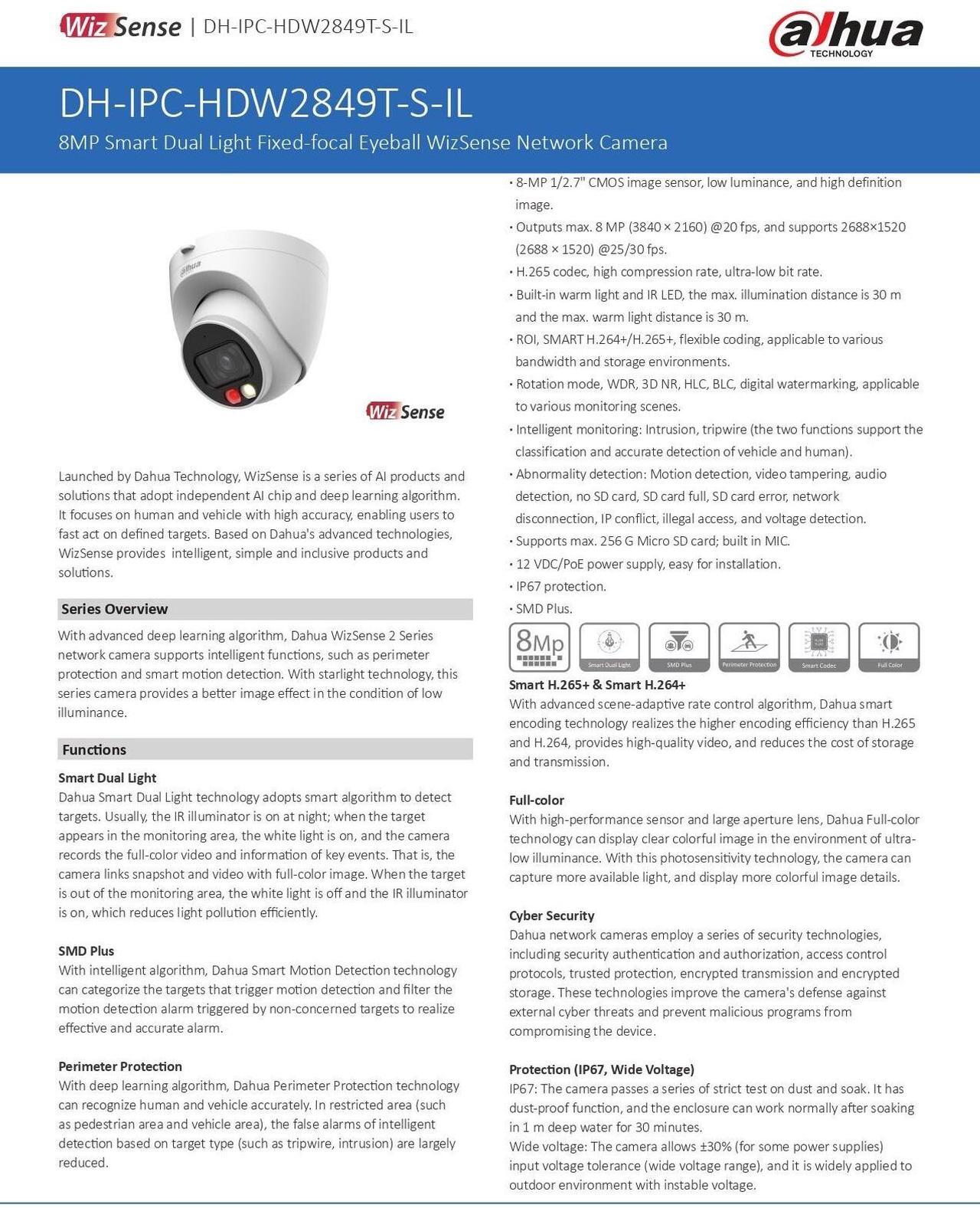 Alt view image 4 of 6 - Dah,ua 8MP Dual Light Full Color oem IPC-HDW2849T-S-IL Wizsense MIC PoE IP Camera  2.8mm