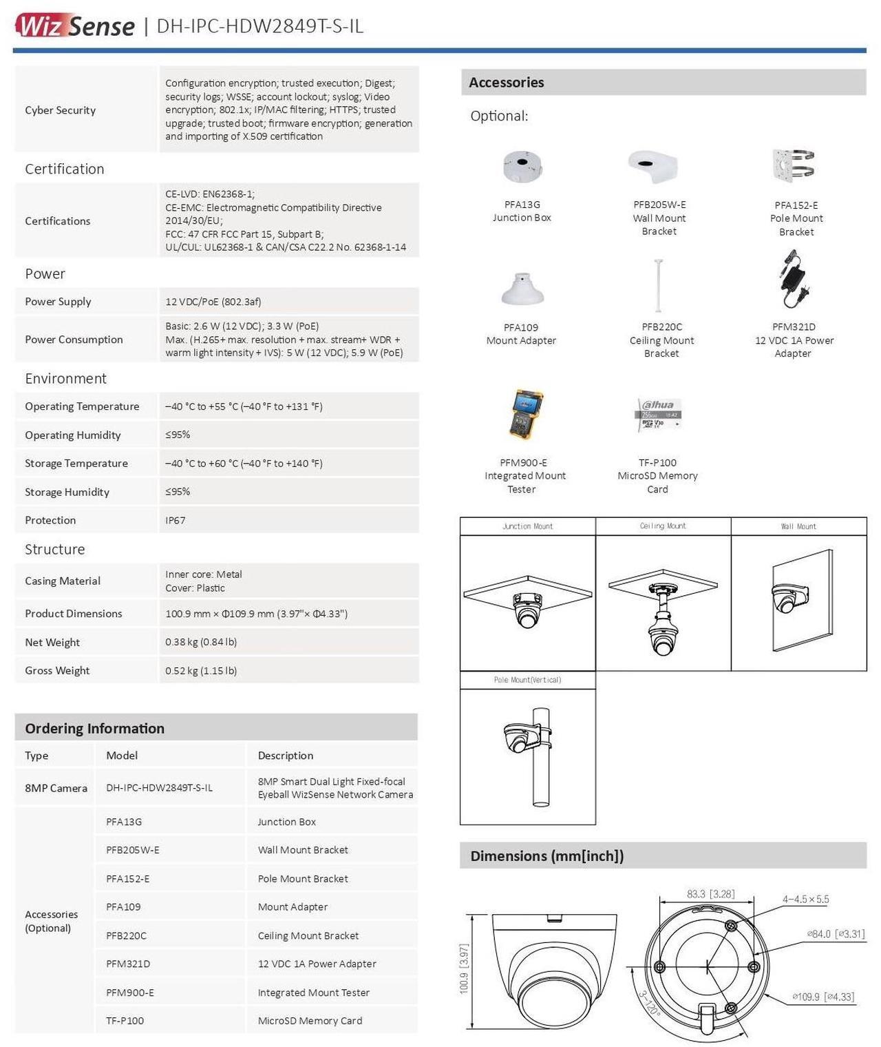 Alt view image 6 of 6 - Dah,ua 8MP Dual Light Full Color oem IPC-HDW2849T-S-IL Wizsense MIC PoE IP Camera  2.8mm