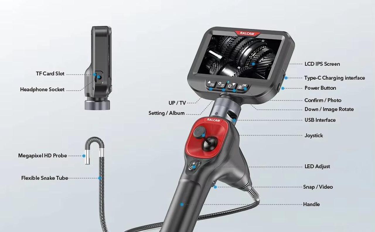 Alt view image 2 of 7 - Ralcam 4-Way 360° Articulating Borescope Industrial Endoscope Inspection Camera