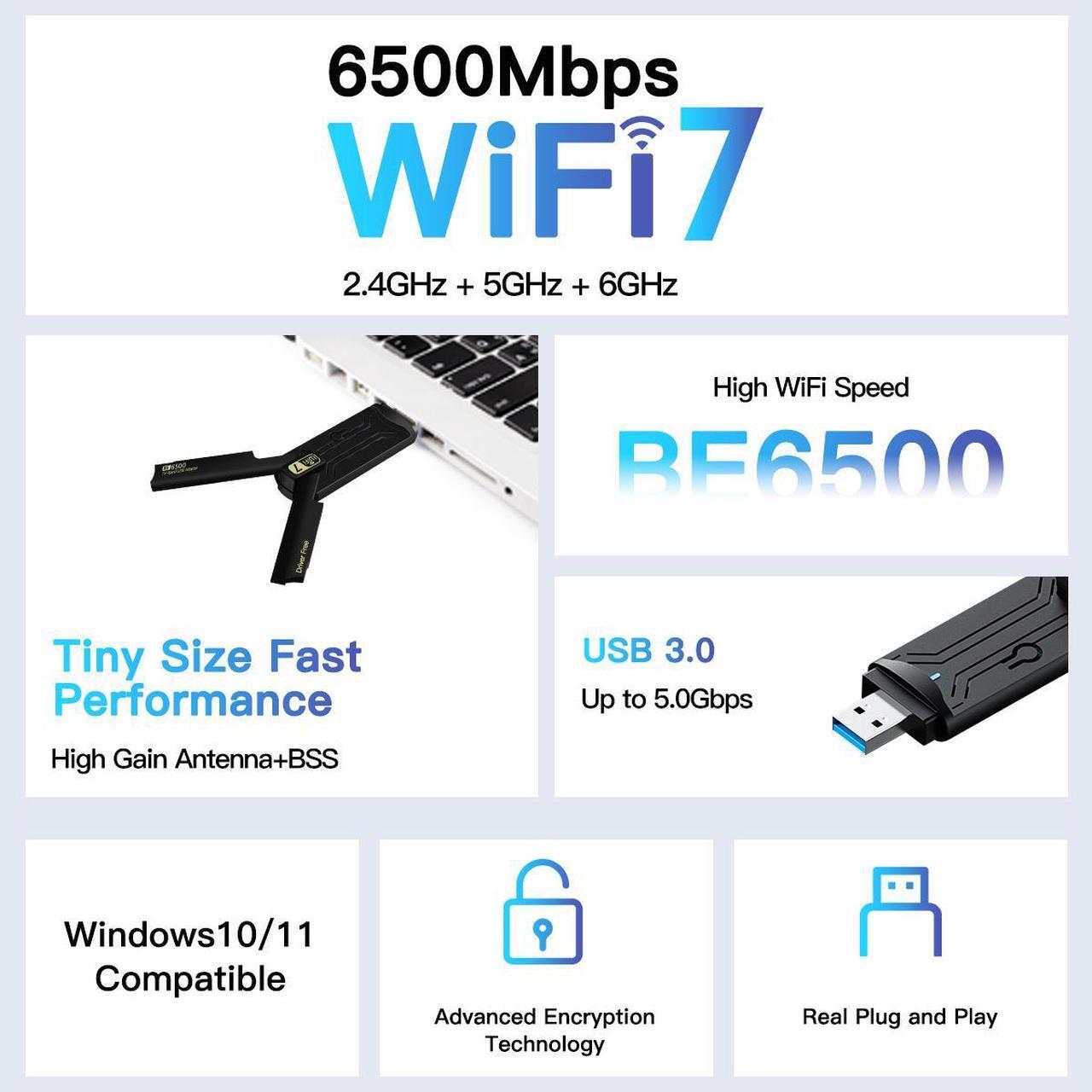 Alt view image 3 of 7 - DERAPID USB Wifi 7 Adapter Tri-band 2.4GHz 5GHz 6GHz for Desktop PC Wireless 802.11be Wi-Fi 7 USB3.0 Network Adapter Suppprts Windows 10/11