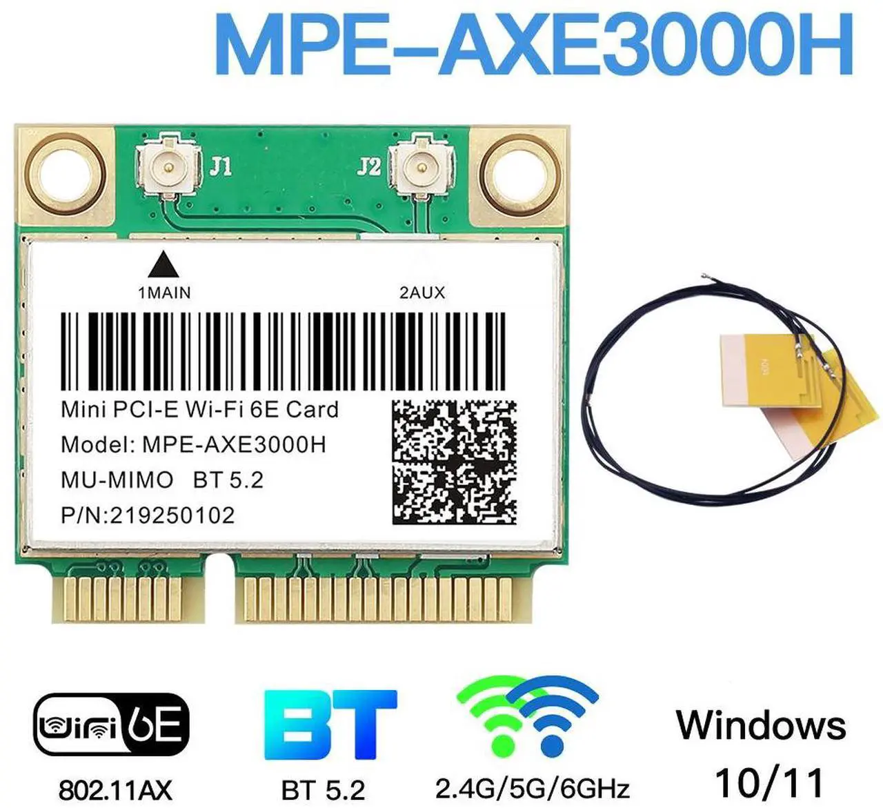 Main image of DERAPID Wi-Fi 6E AX3000 Mini PCIe Wireless Card, Bluetooth 5.2, 802.11ax Tri-Band (6GHz/5GHz/2.4GHz), MU-MIMO, for Windows 11/10 64-bit Laptop/PC
