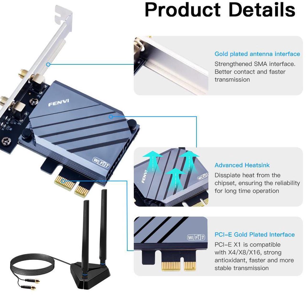 Alt view image 3 of 7 - WiFi 7 PCIe Network Card with QCNCM865 Chip - Tri-Band 5800Mbps Wireless Adapter Bluetooth 5.3 High Gain Antennas Compatible with AMD Motherboards Only Compatible With Windows 11