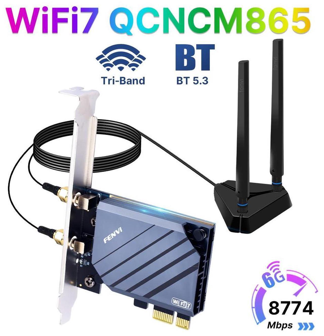 Main image of WiFi 7 PCIe Network Card with QCNCM865 Chip - Tri-Band 5800Mbps Wireless Adapter Bluetooth 5.3 High Gain Antennas Compatible with AMD Motherboards Only Compatible With Windows 11