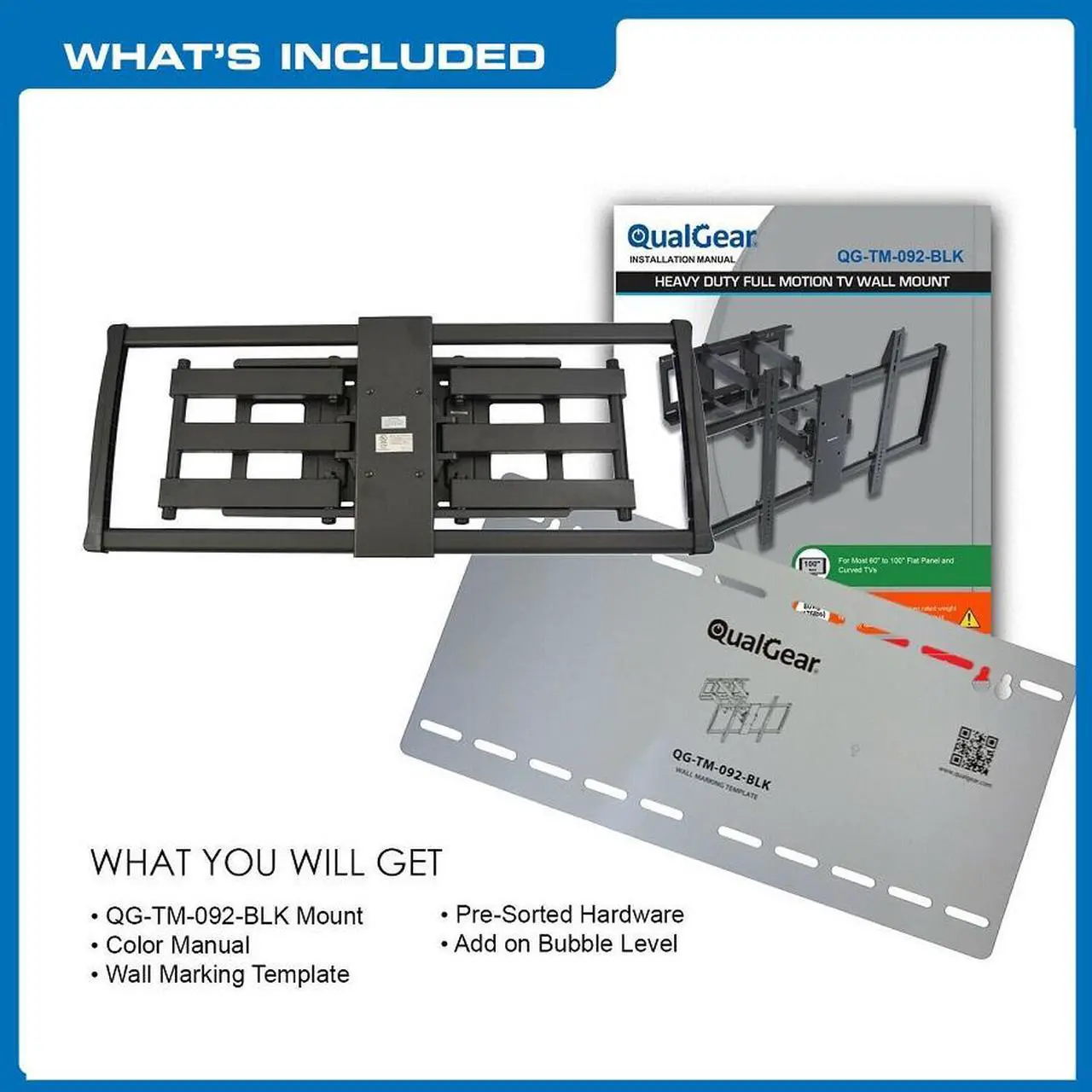 Alt view image 5 of 6 - QualGear® Heavy Duty Full Motion TV Wall Mount for 60-100 Inch Flat Panel and Curved TVs, Black (QG-TM-092-BLK) [UL Listed]