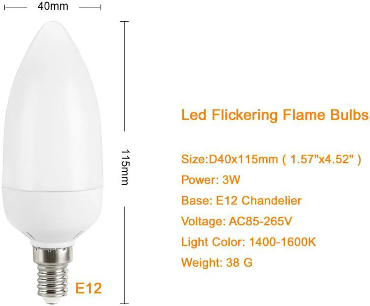 Alt view image 3 of 3 - 2x LED Flame Bulb E12 Candelabra BASE 3 Watt Warm White LED Chandelier Bulbs Flameless Flickering Light For Events Festival Hotel Christmas Holiday Decoration 2 Modes