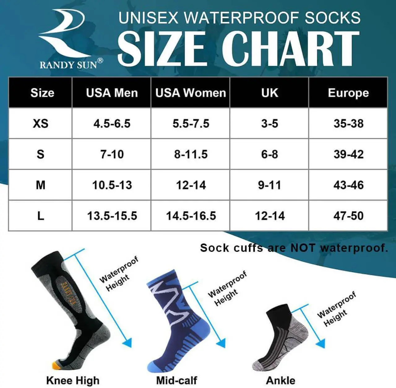 Alt view image 3 of 4 - RANDY SUN Crew Breathable Waterproof Socks Windproof Durable Blue Mid Calf Outdoor Hiking Socks