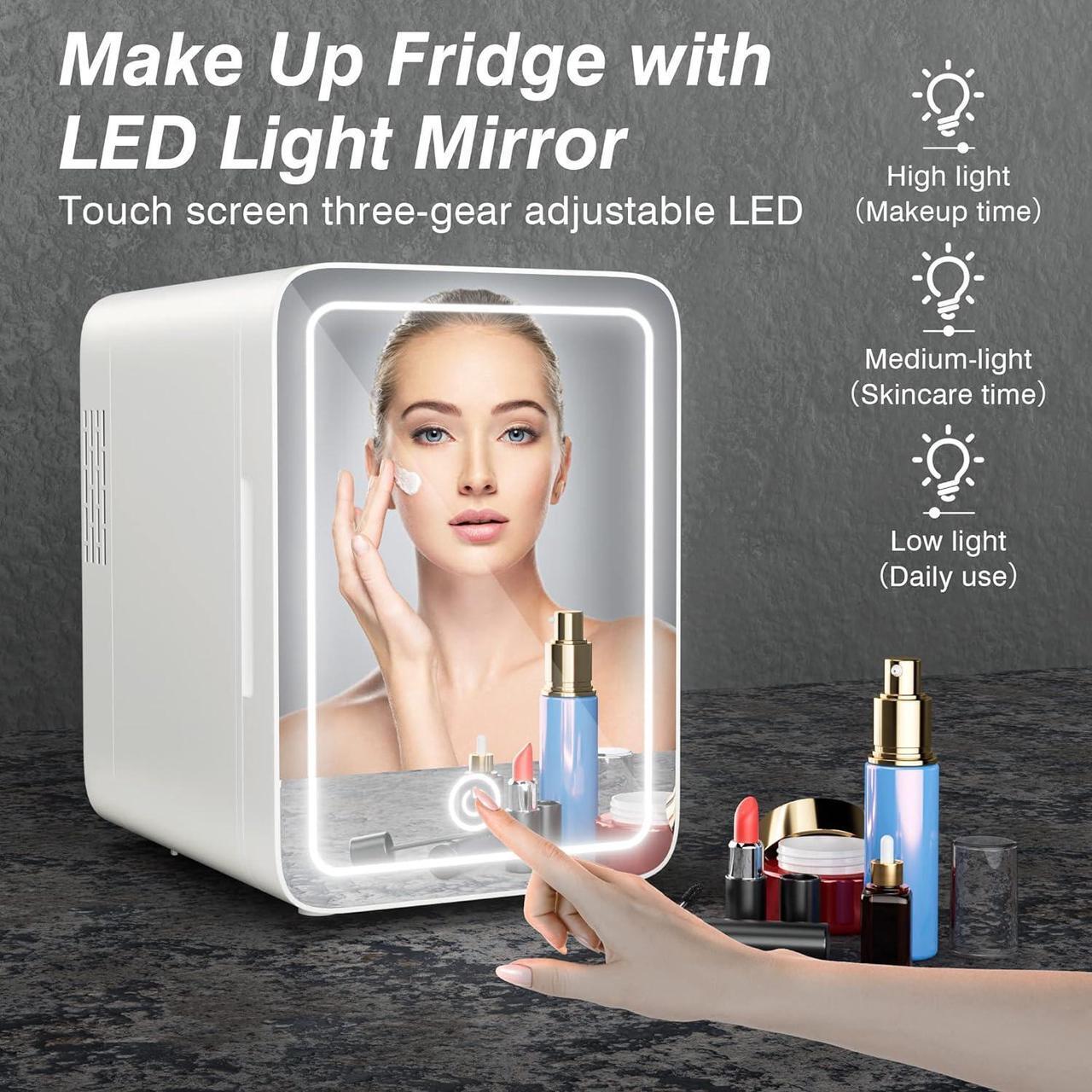 Alt view image 4 of 7 - Skincare Fridge With Dimmable LED Light Mirror, 4L Makeup Mini Fridge for Bedroom, Car, Office & Dorm, Cooler & Warmer, Portable Small Refrigerator for Cosmetics, Skin Care and Food, White