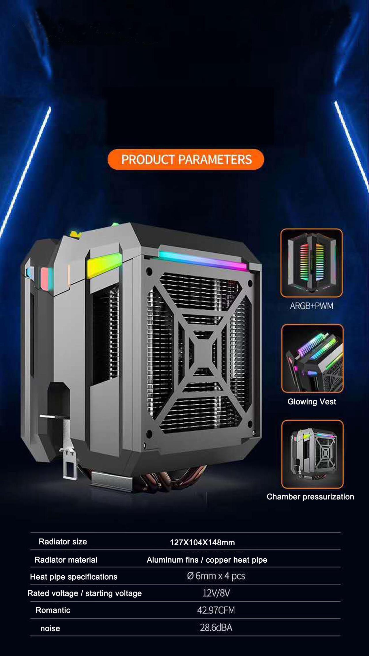 Alt view image 2 of 7 - CPU Cooler ARGB,Air Cooler,42.97CFM,4 Copper Heatpipes ARGB Sync PC for AMD FM2/AMD4/Intel LGA2066/1151/2011-3, 127mm ARGB PWM Fan Blade,Computer Tower CPU Radiator PWM Temperature Control Silent Fan