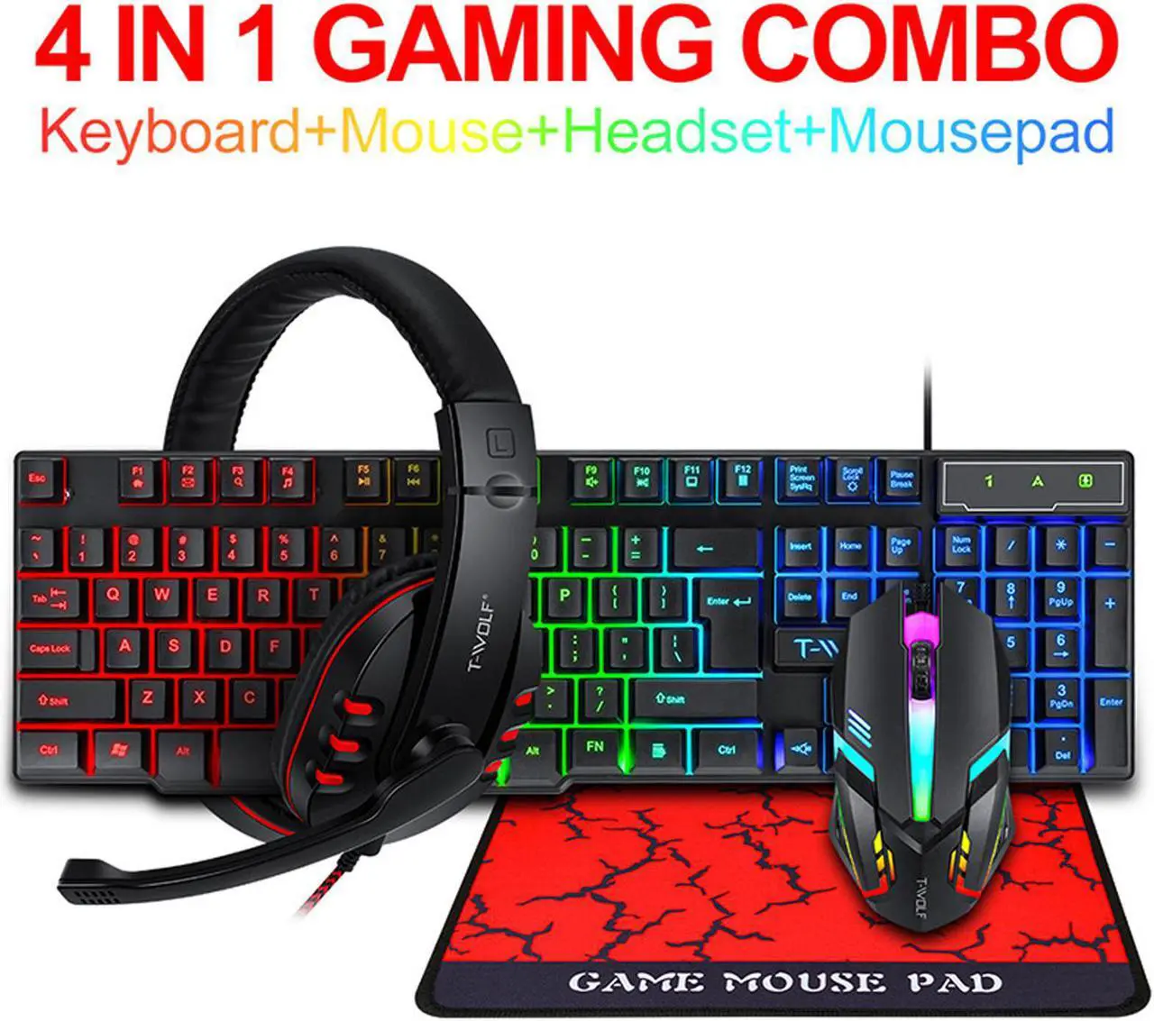Main image of 4 in 1 Wired RGB Gaming Keyboard and Backlit Mouse and Gaming Headset Combo USB Wired Backlit Keyboard,LED Gaming Keyboard Mouse Set,Headset with Microphone for Laptop PC Computer Game and Work